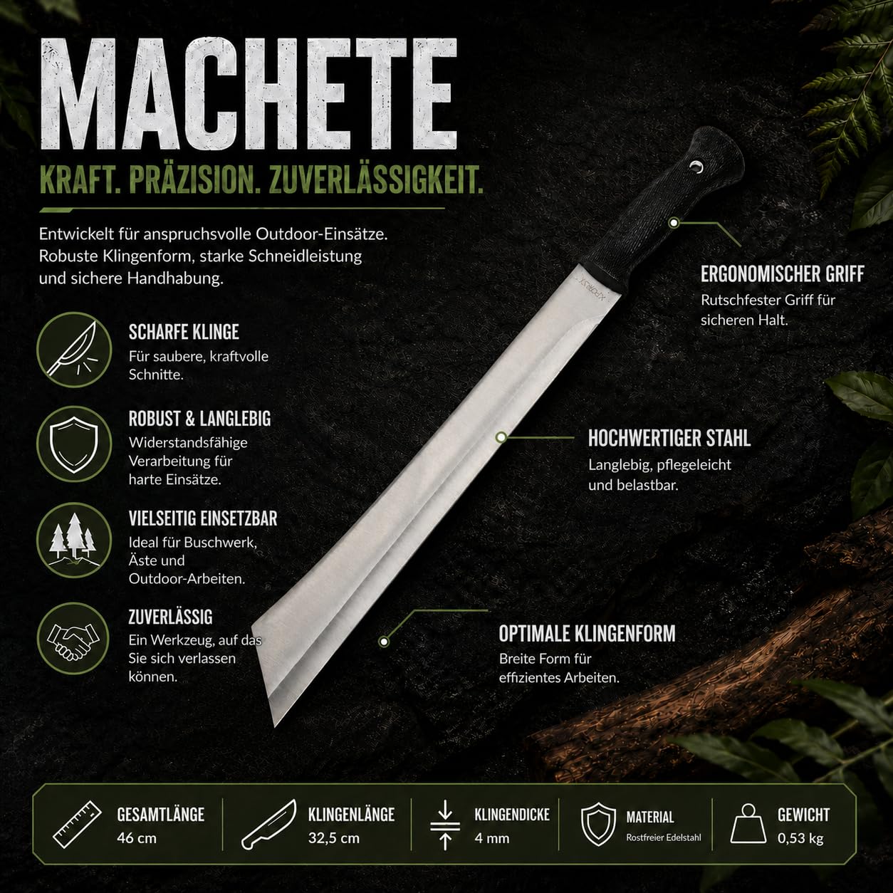 Machete Xforst da Bosco, Roncola Professionale e Grande Coltello Outdoor, Attrezzo da Taglio per Giardino, Rovi, Rami e Legna, Acciaio Inossidabile, con Custodia, 46 cm, BUC
