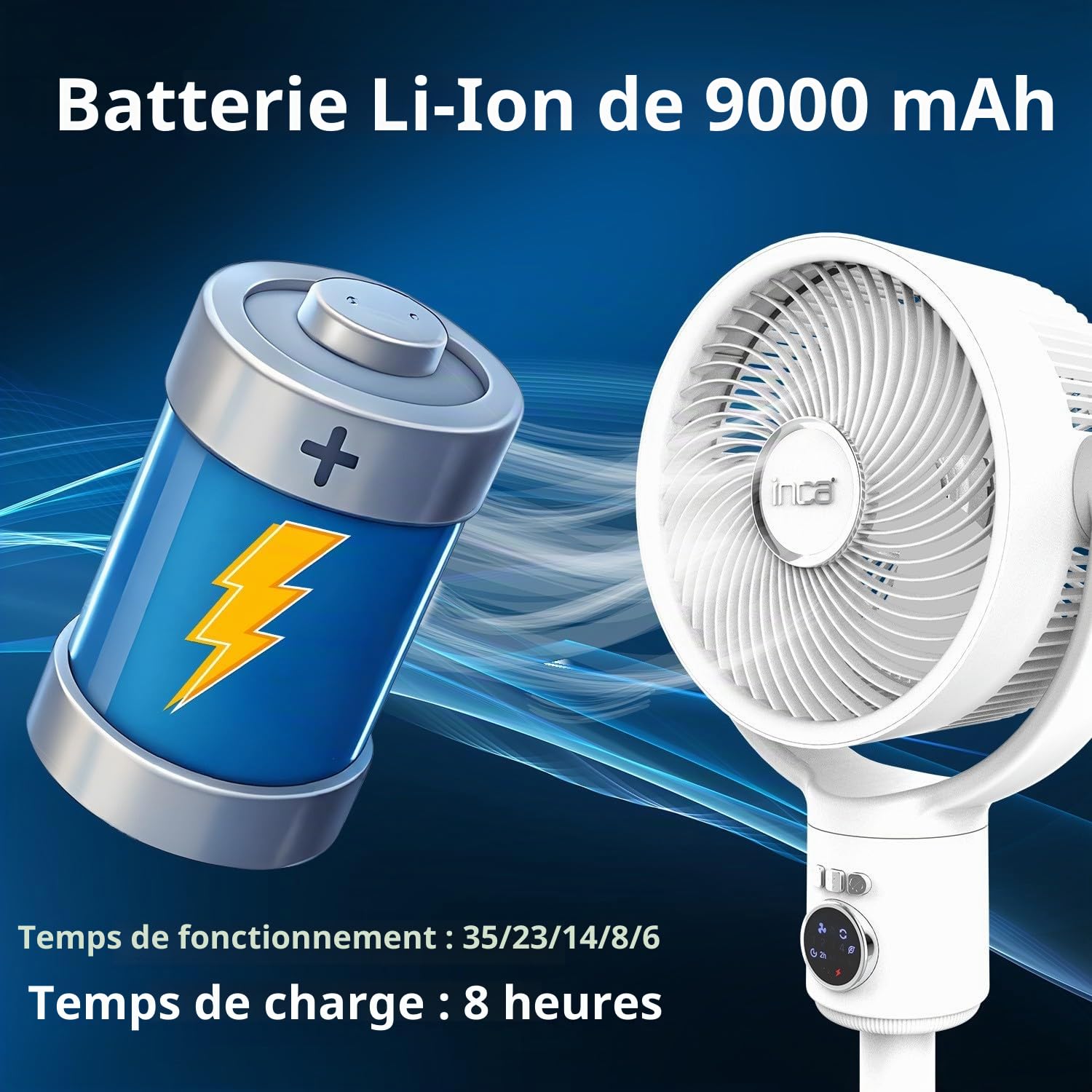 İnca IAF-01B Ventilateur sur pied, batterie 9000 mAh, panneau de commande LED, moteur BLDC silencieux, 5 niveaux, oscillation, hauteur réglable, télécommande, ventilateur mobile pour la maison et le