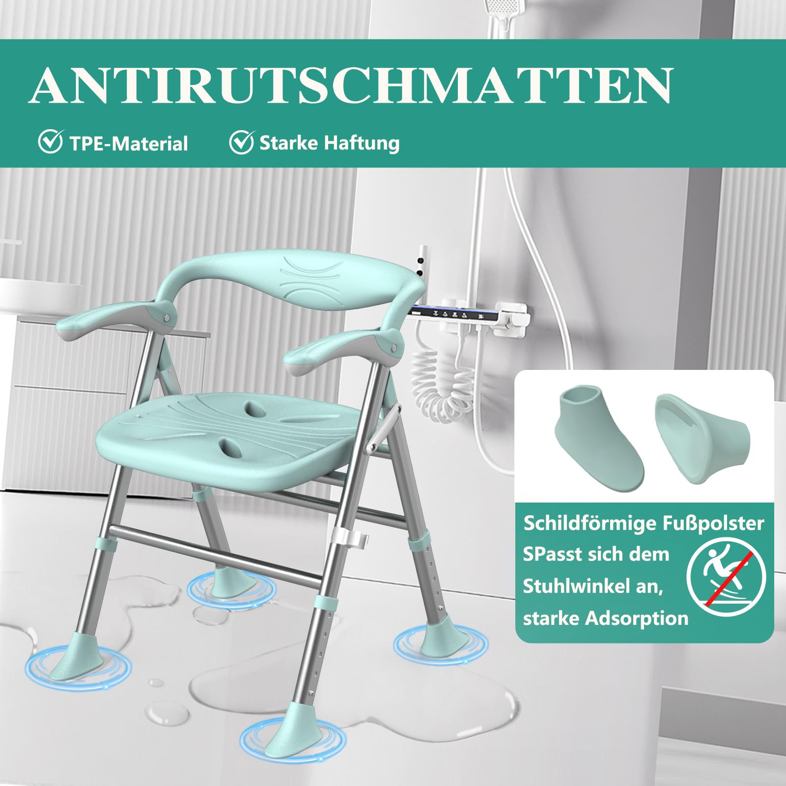 Duschstuhl füR Senioren, Duschstuhl Klappbar, Maximale Tragkraft 150kg, Duschstuhl mit Armlehnen und RüCkenlehne, 5-Stufige HöHenverstellung, Hochklappbare Armlehnen (Grün, Flachsitz)