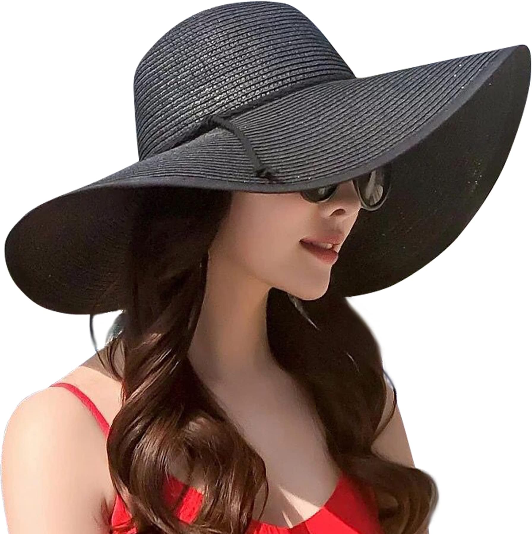Womens Wide Brim Straw Hat Big Floppy Foldable Roll up Cap Beach Sun Hat UPF 50+