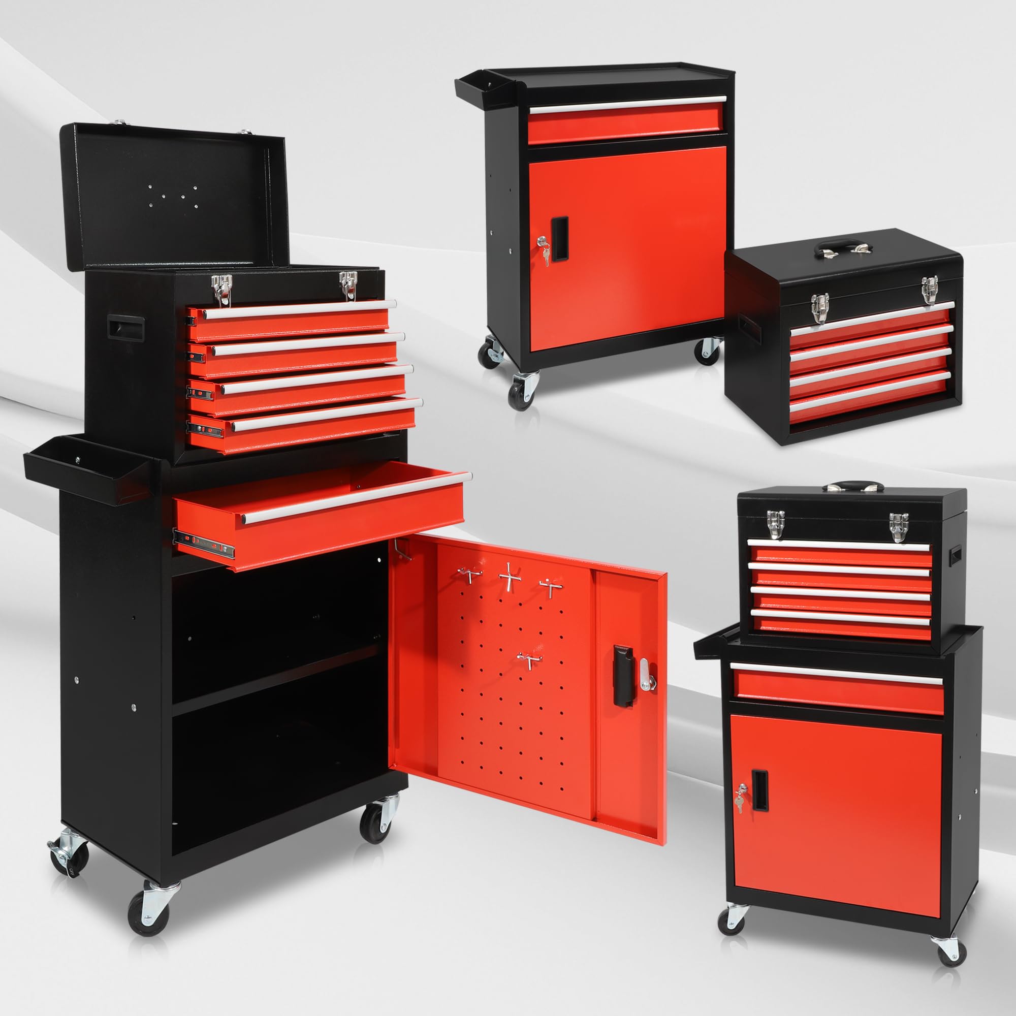 AJP Distributors Tool Box Organizer,5-Drawer Garage Storage Cabinets Lockable Wheels&Sliding Drawers&Detachable Top&Adjustable Shelf,Tool Box Organizers and Storage for Garage Workshop (Black&Red)
