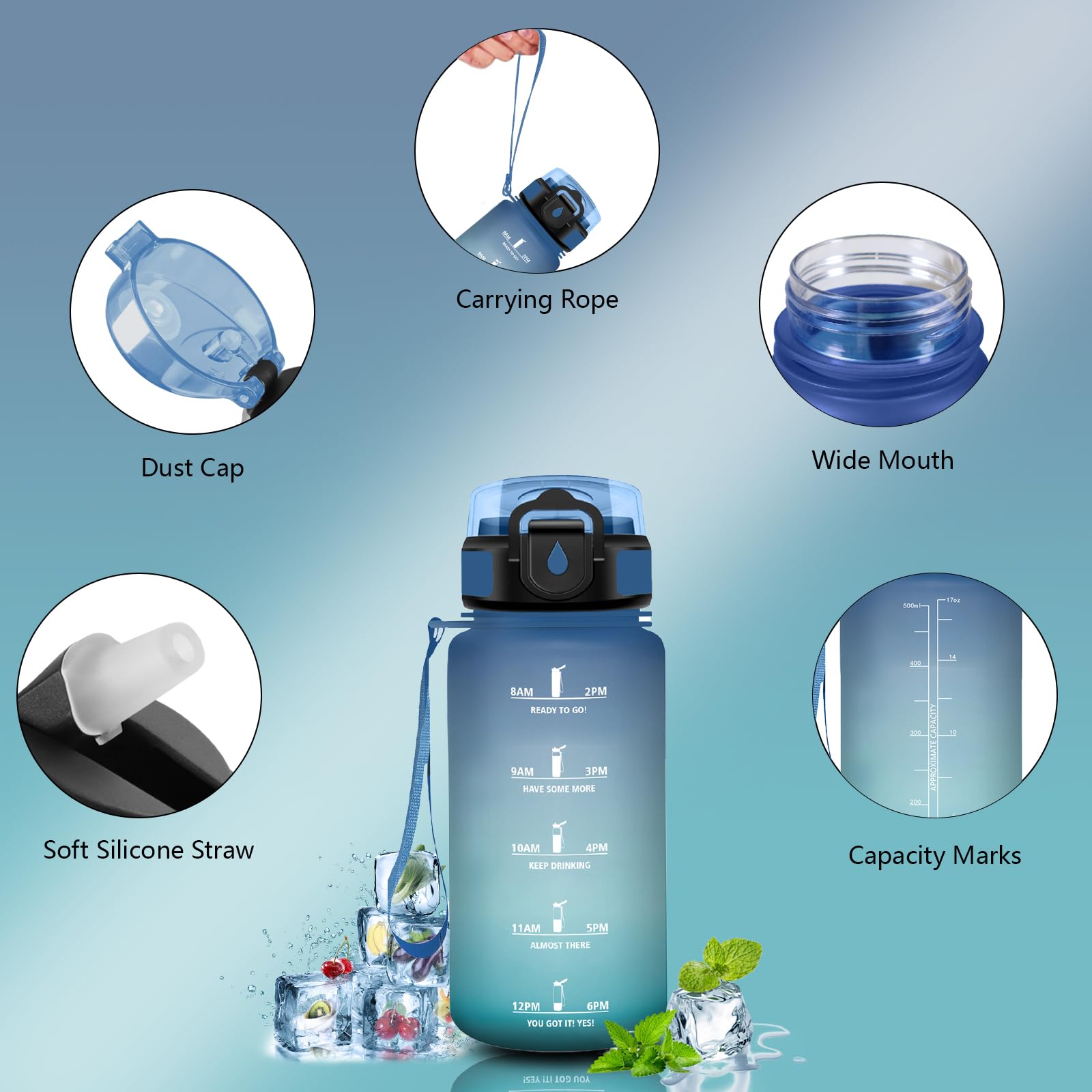 Gourde 500ml avec Paille, Anti Fuite Gourde, Bouteille d'eau avec Marqueur de Temps, Facile à Nettoyer, Verrou de Sécurité, Gourdes Motivation pour Fitness, Randonnee, Velo - 3