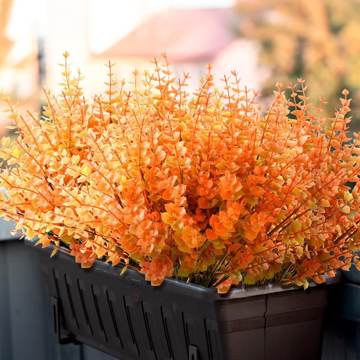 Artificial Faux Plants Flowers for Outdoor Fall Decoration,12 PCS Fake Eucalyptus Plastic Boxwood Shrubs Realistic UV Resistant for Front Porch Patio Balcony Yard Home (Light Brown)