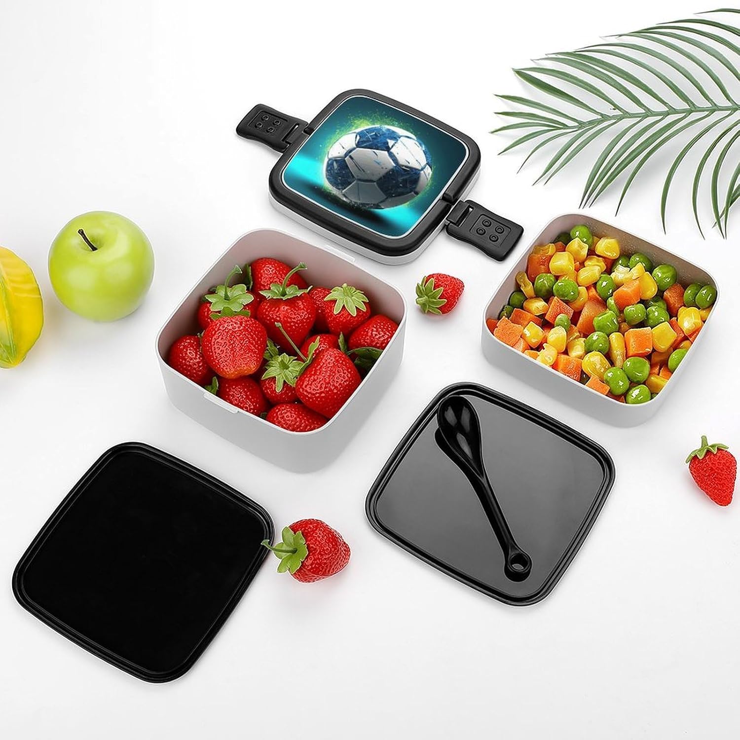 Cool Soccer Ball Bento Box Portable Adult Lunch Box with Spoon Double Layer Food Containers Reusable Insulated Lunchbox Leak Proof Lunch Containers for Work Camping Travel