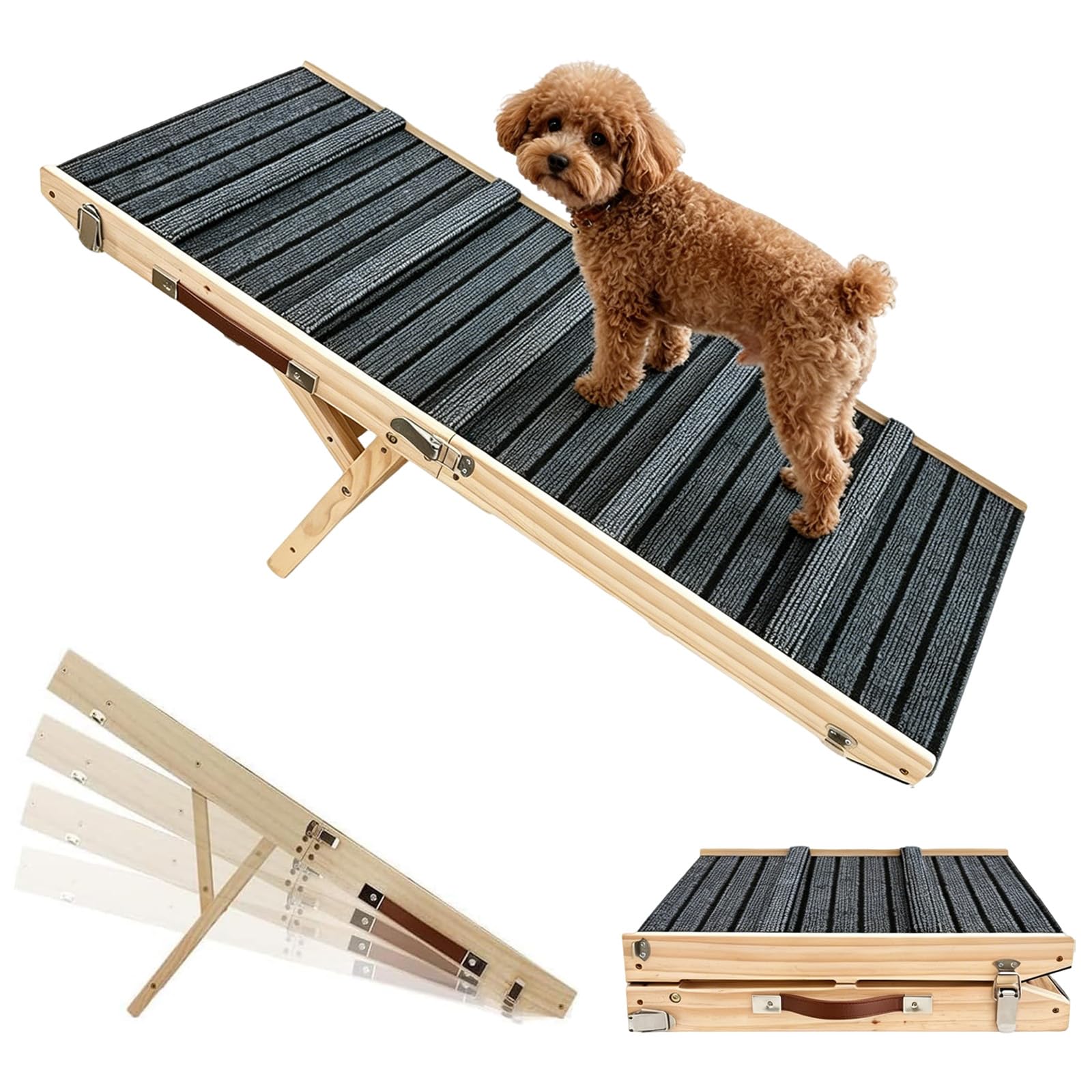 Rampa per cani in legno, 100 x 40 cm, pieghevole e regolabile in altezza, con tappetino antiscivolo, stabile per auto, divano e letto, adatta per cani di taglia piccola, anziana e media
