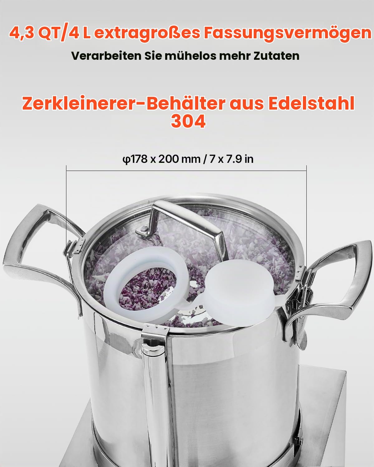 VEVOR Küchenmaschine Gemüsezerkleinerer, 4 L Küchenmaschine aus lebensmittelechtem Edelstahl mit 2 zusätzlichen S-Kurvenklingen, multifunktional zum Zerkleinern von Gemüse Obst Getreide Nüssen