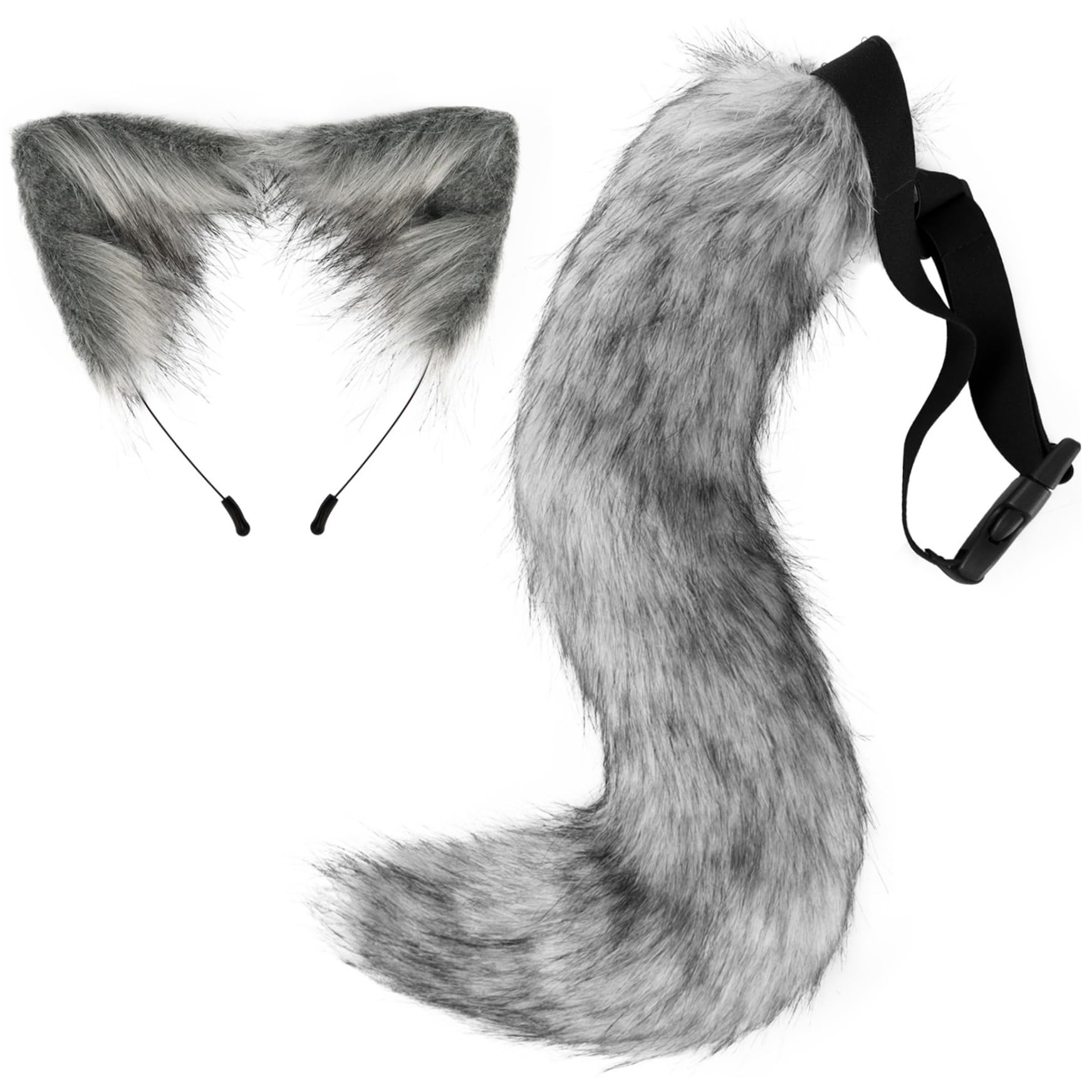 Lawnrden Fake Fox Tail Ears Headband Set,Handmade Fox Wolf Ears Headband and Faux Fur Tail for Cosplay Party Costume Accessories(Grey)