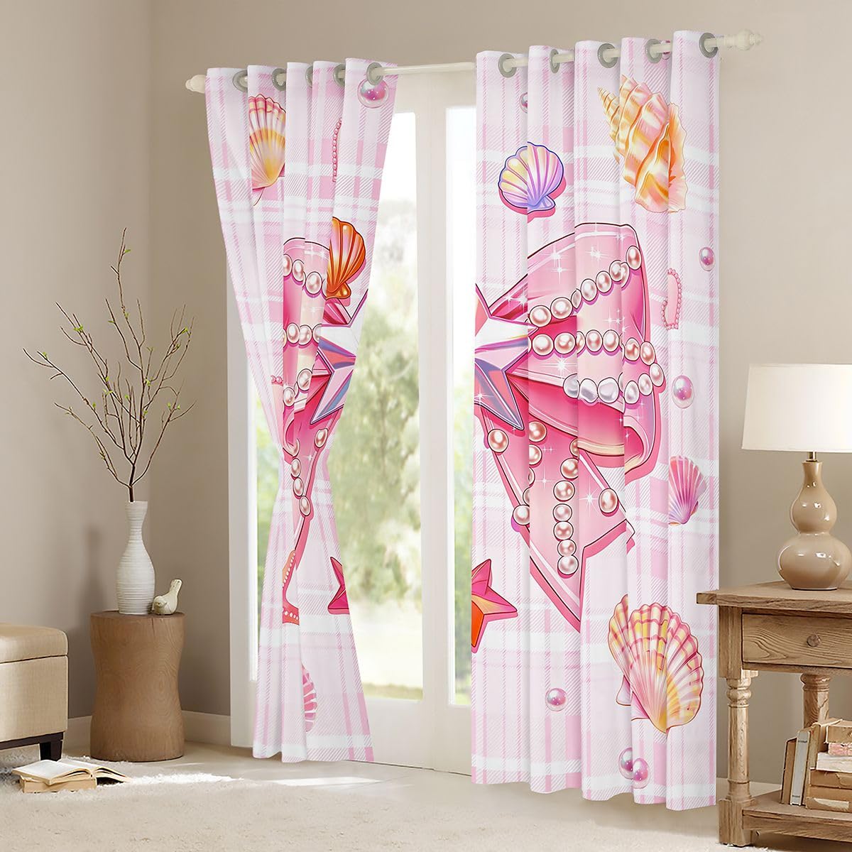 Homemissing Tende oscuranti con fiocco rosa per camera da letto e soggiorno, tende oscuranti con stelle marine e spiaggia, 2 pannelli (larghezza x lunghezza) 167,6 x 228,6 cm (larghezza x lunghezza