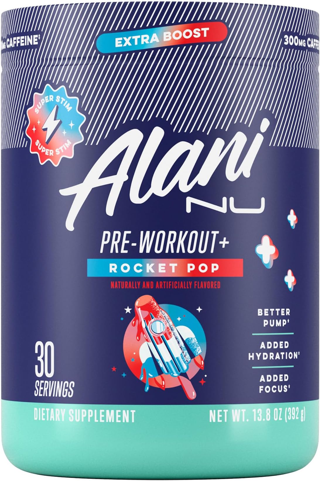Pre-Workout + Powder Rocket POP, Extra Boost, Sugar Free, 300mg Caffeine, L-Theanine, Beta-Alanine, Citrulline, 30 Servings