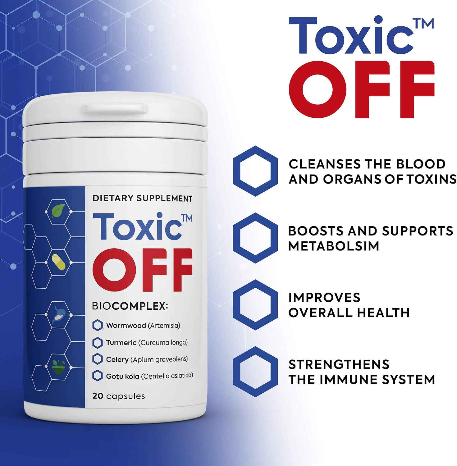 Toxic Off Detox Herbal Complex, 20 Capsules – Whole Body Flush – Natural, Non GMO, Pure Vegan Gut Reset Support Vitamins with Turmeric, Celery, Gotu Kola