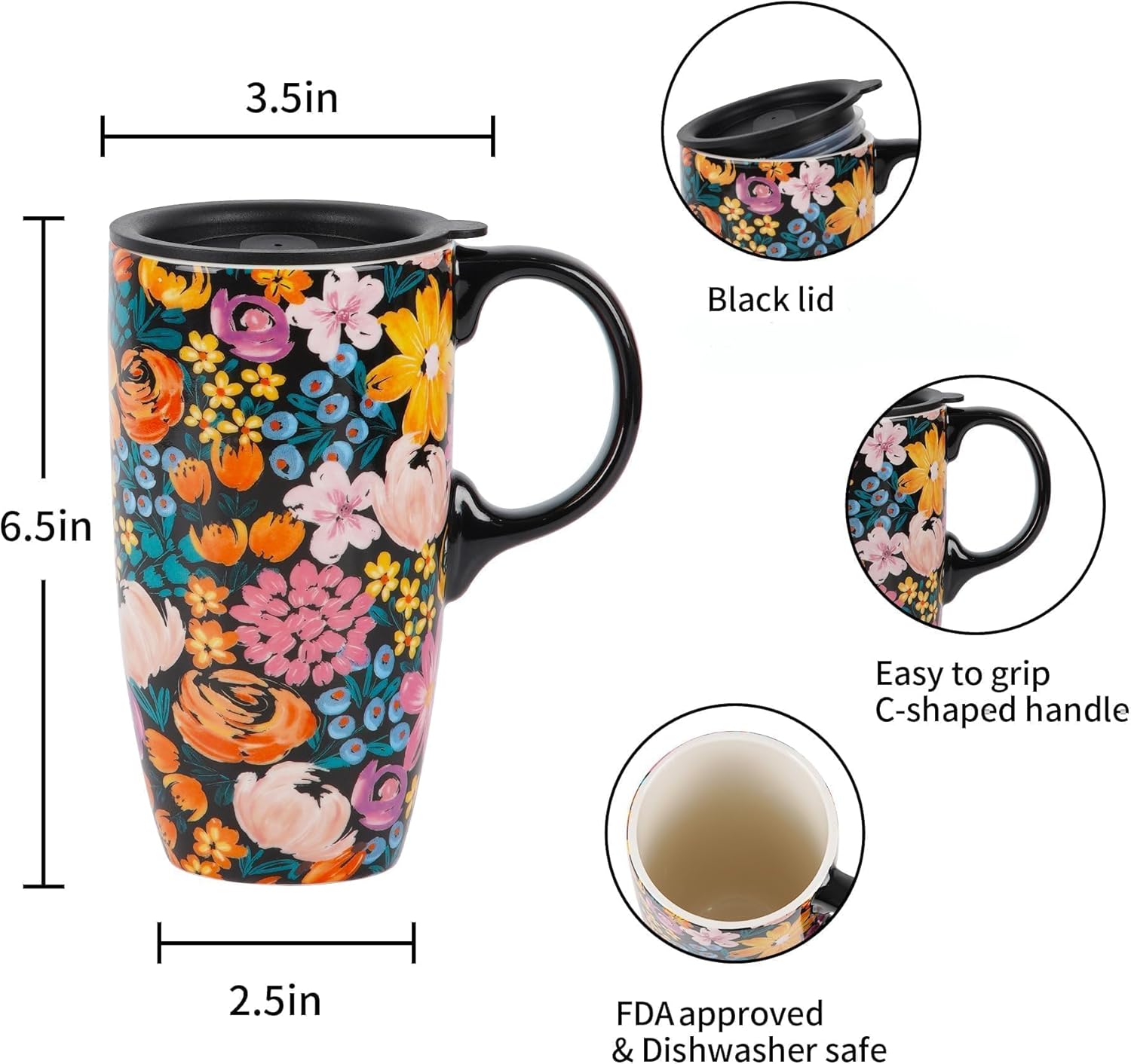 Topadorn Ceramic Mugs Porcelain Latte Tea Cup Coffee Mug with Gift Box,17oz. Flowers - Image 7
