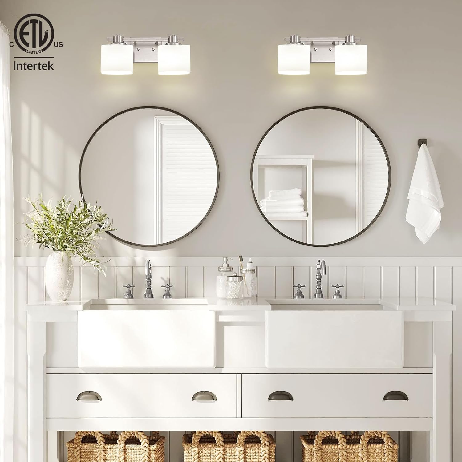 15.5 Inch Brushed Nickel Vanity Light for Bathroom 2 Light Bathroom Light Fixtures Over Mirror Milk Glass Makeup Shower Lamp Farmhouse Wall Sconce