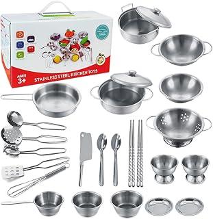 KEJIH Tiny Stainless Steel Kitchen Playset for Kids - Mini Pots, Pans & Utensils Pretend Cooking Toy Set