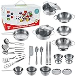 Tiny Classic Stainless Steel Kitchen Toys Cooking Utensils Set-Pretend Play Pots Pans Toy Cookware Kits for Kids Cooking Utensil Set Interactive Learning Role Play Educational Toys for Kids Mini Size