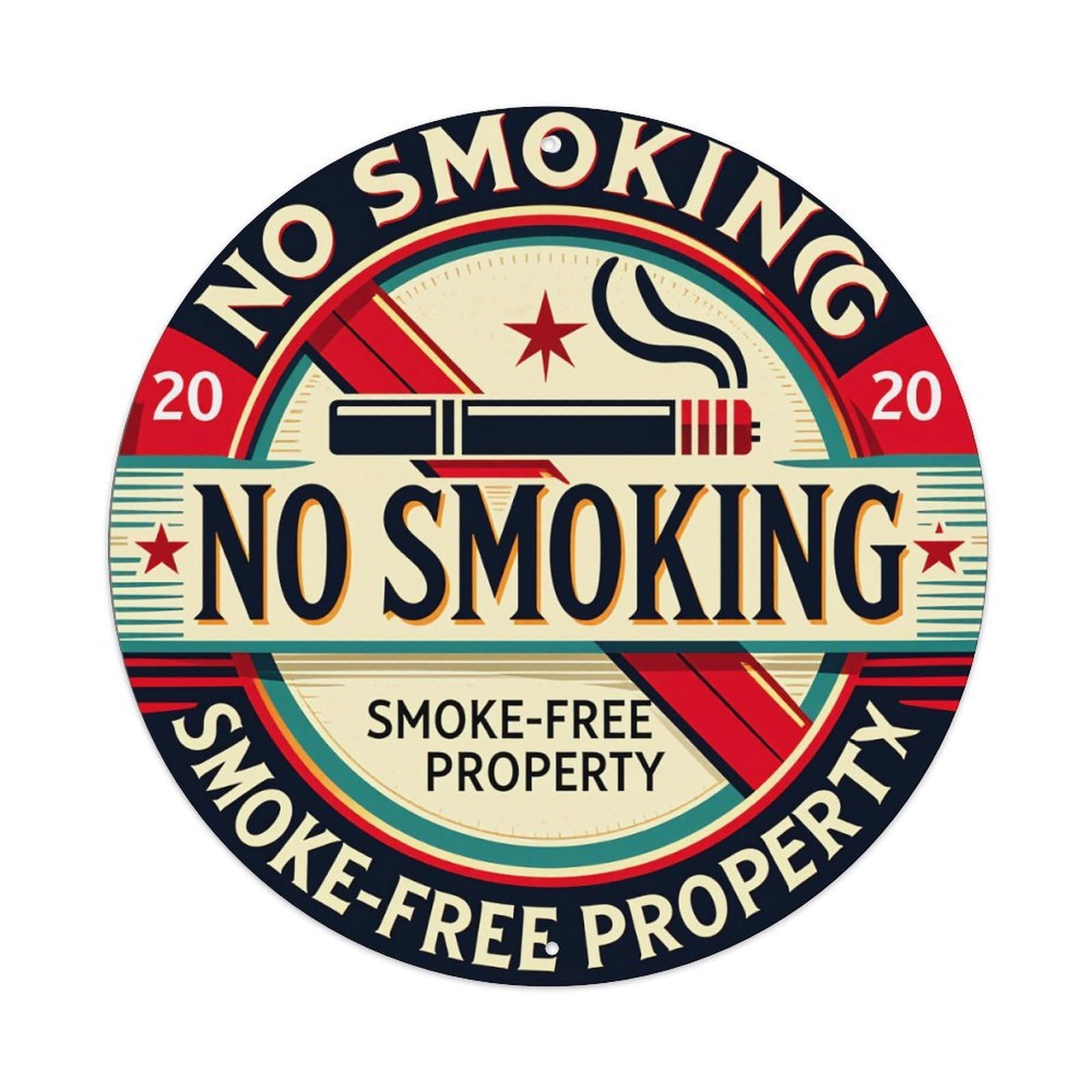 Wmlzdnwr Vintage No Smoking Smoke Free Property Sign With Cigarette And Stars Round Tin Sign,Retro Wall Art,Metal Poster For Home, Bar, Garage, Cafe, Rustic Indoor & Outdoor Decor, 8X8 Inches