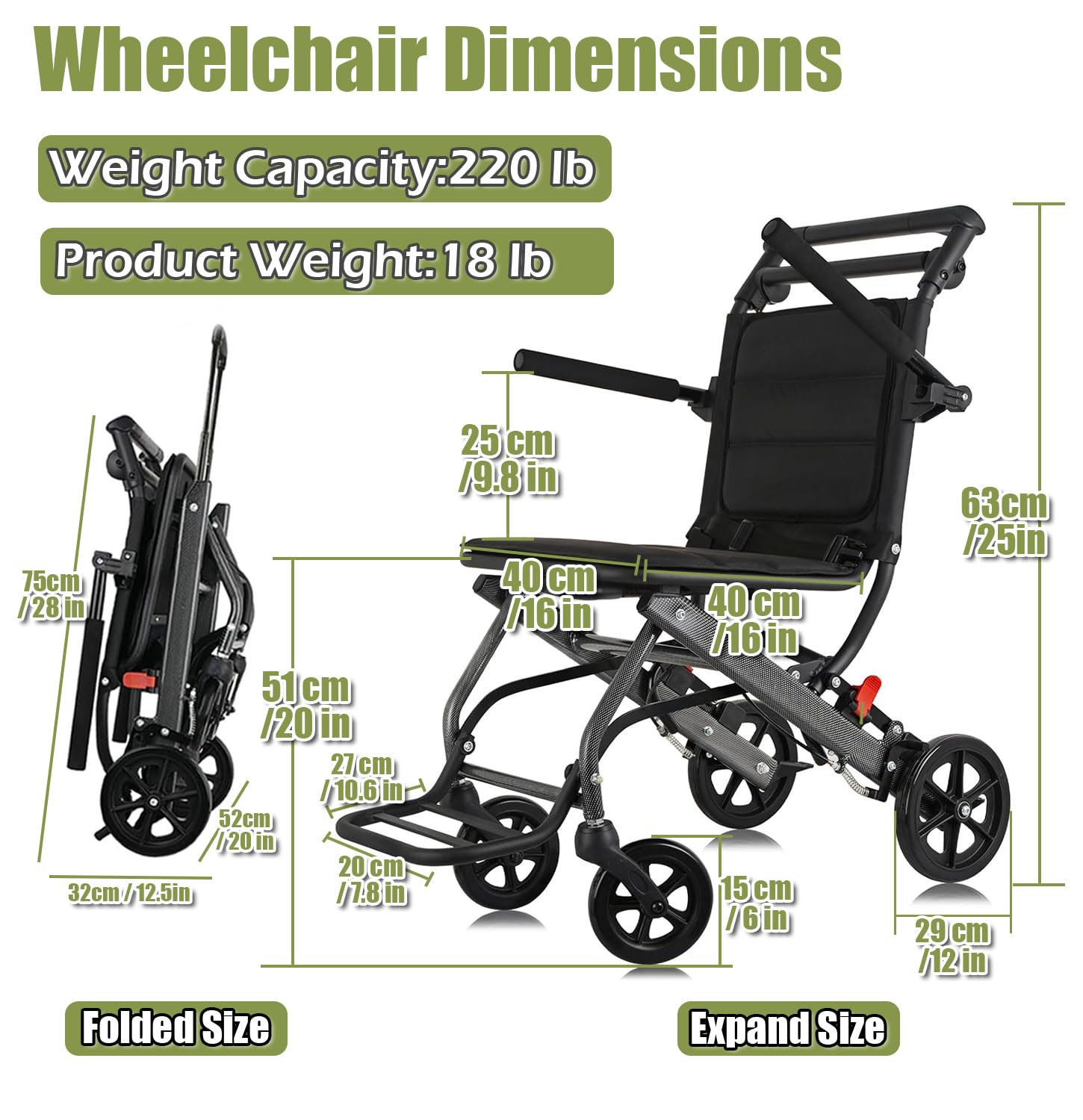 Silla de Ruedas de Transporte Ultra Ligera (Solo 18 LB), Portátil para Viajes, para Adultos y Personas Mayores, Silla de Ruedas de Aluminio Plegable para Ancianos,Aluminum Alloy Model