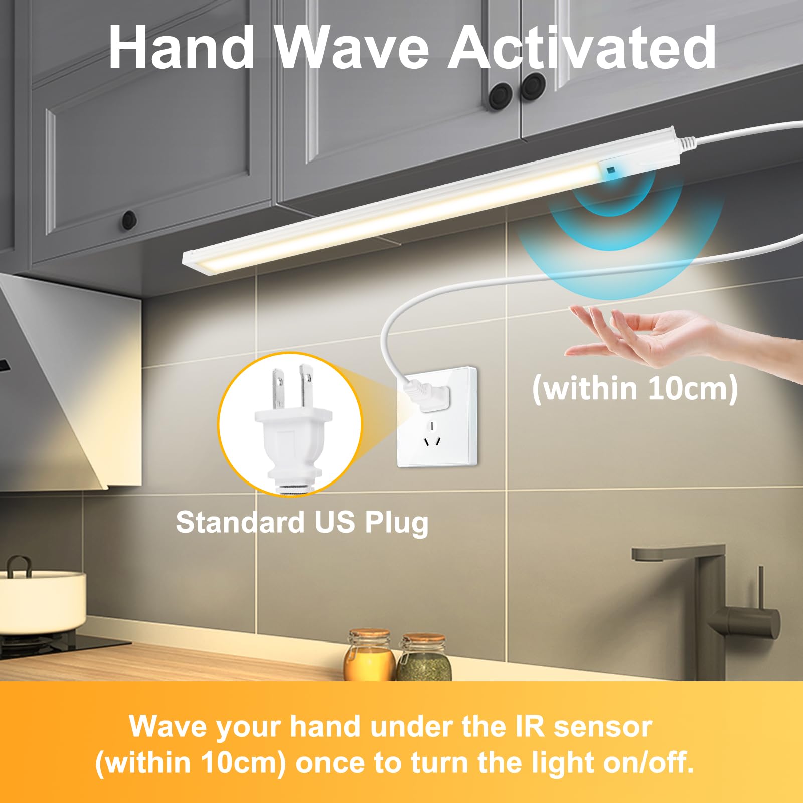 16 Inch Under Cabinet Lights Plug in, 96 LED with Hand Wave, 3 Colors Dimmable Under Cabinet Lighting, 8W 500 Lumen, Under Counter Lights for Kitchen Cupboard Closet Desk Office Garage,1 Pack