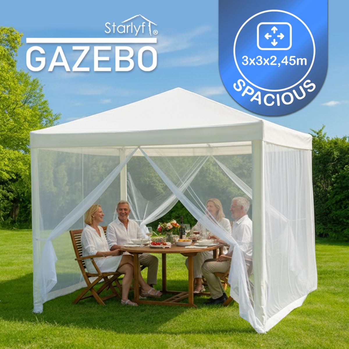 STARLYF Gazebo pieghevole -3 x 3 x 2,45 m - Tenda da giardino pop-up con protezione UV, gazebo impermeabile, visione a 360°, pareti anti-zanzare, ideale eventi e terrazza