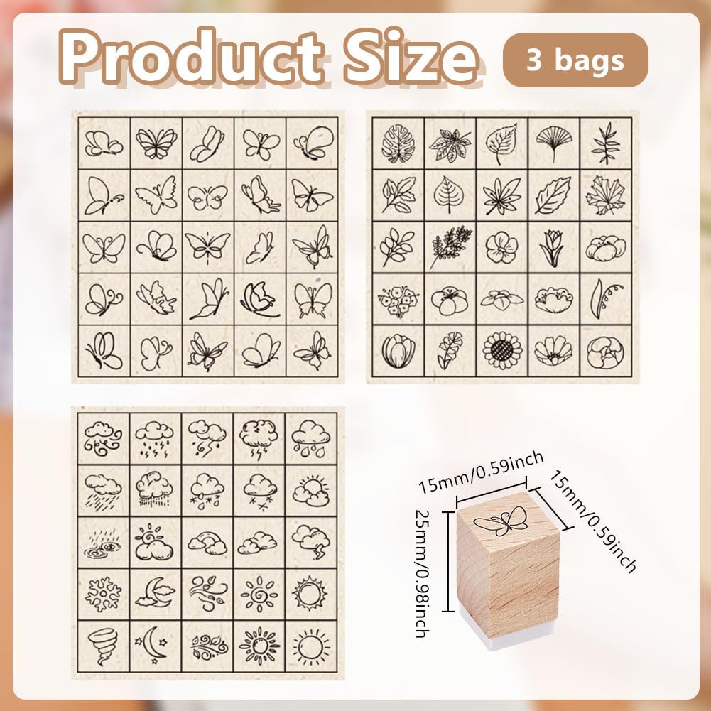 3 Bags Wood Mounted Rubber Stamps, Flower Leaf Botanical Decorative Wood Stamps Plant Rubber Stamp for Journal DIY Craft Letters Diary and Craft Scrapbooking