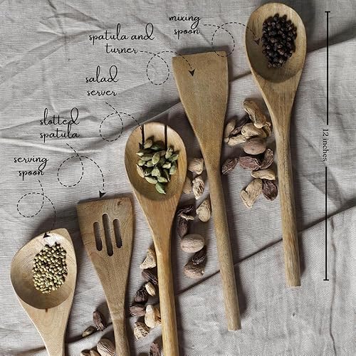 Miniatura 2 de The Art Box Cucharas de madera para cocinar, 5 cucharas de cocina antiadherentes de madera de acacia natural, cuchara de espátula, juego de