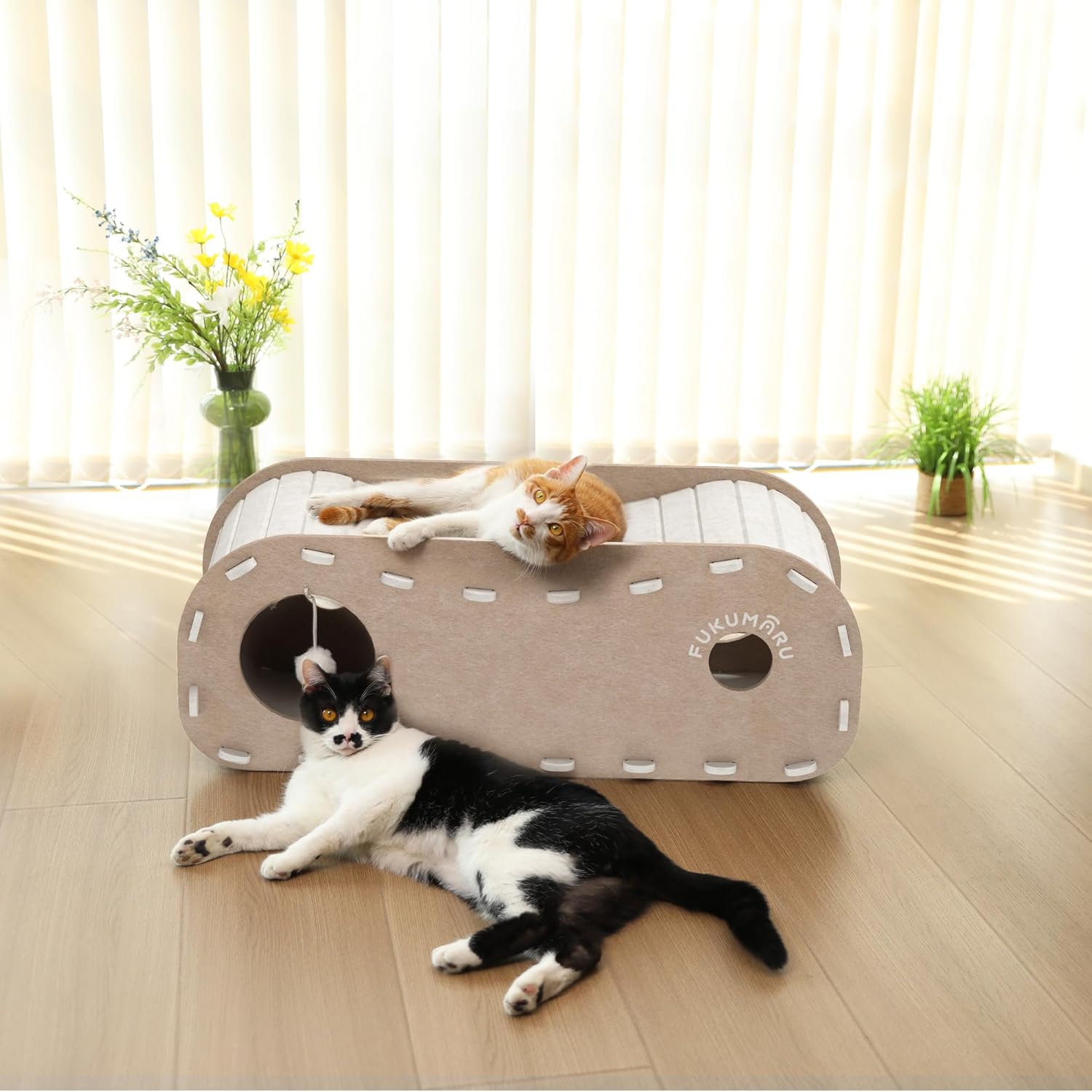 FUKUMARU Cat Beds for Indoor Pets 31.5 Inch, Extra Long Cozy Cat Bed Cave Tunnel for Multiple & Large Cats, Felt Kitten Hideaway House with Fluffy Ball, Scratch Resistant, Warm & Safe, Beige