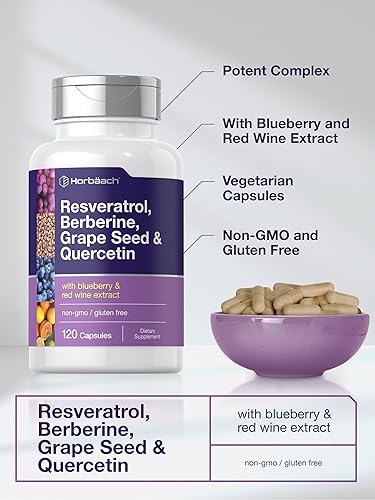Miniatura 4 de Horbäach Resveratrol Berberina Semilla de uva y Quercetina  con extracto de arándano y vino tinto  120 cápsulas  Suplemento sin OMG, sin gluten