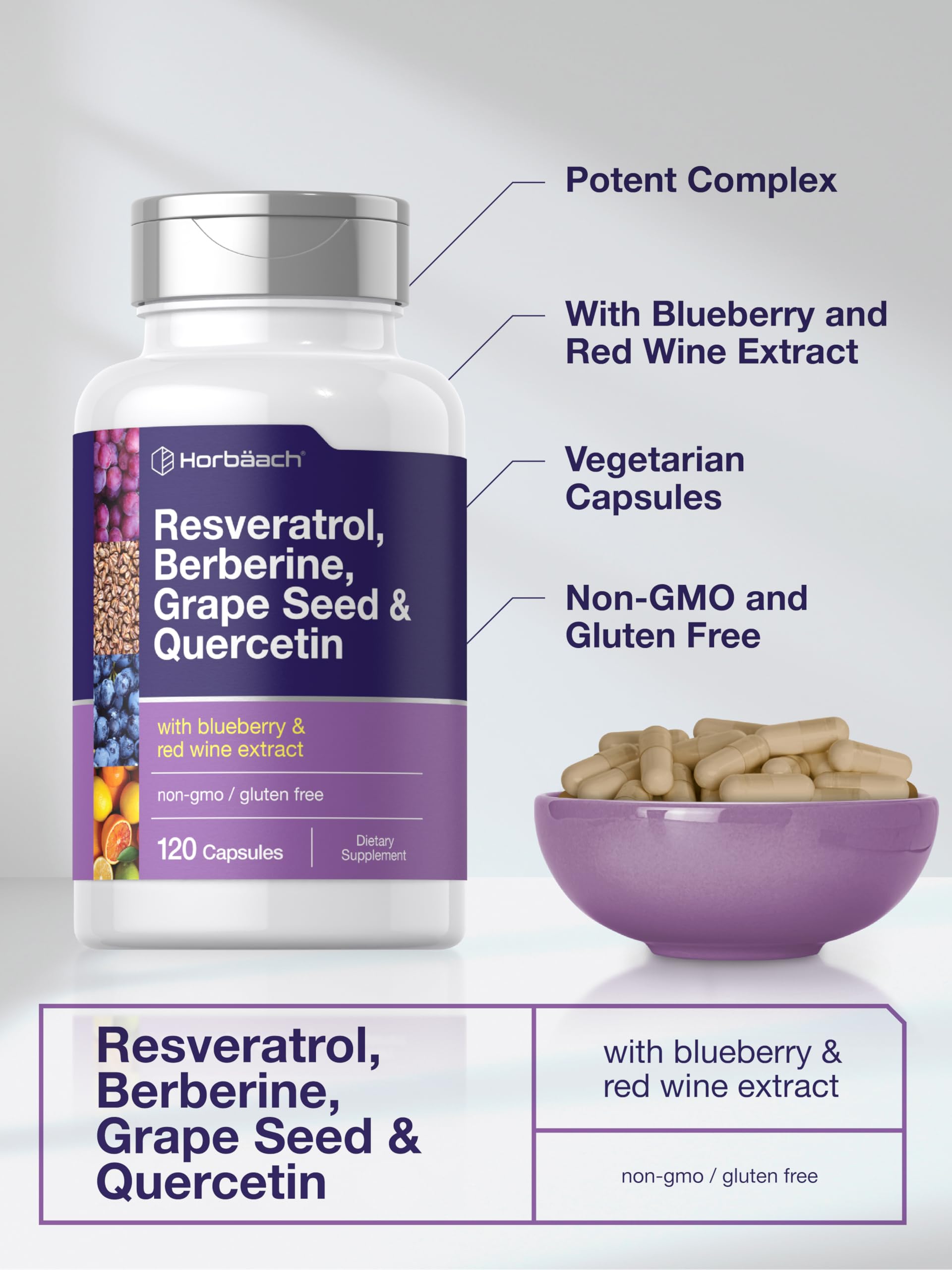 Horbäach Resveratrol Berberine Grape Seed & Quercetin | 120 Capsules — Amazon image 4