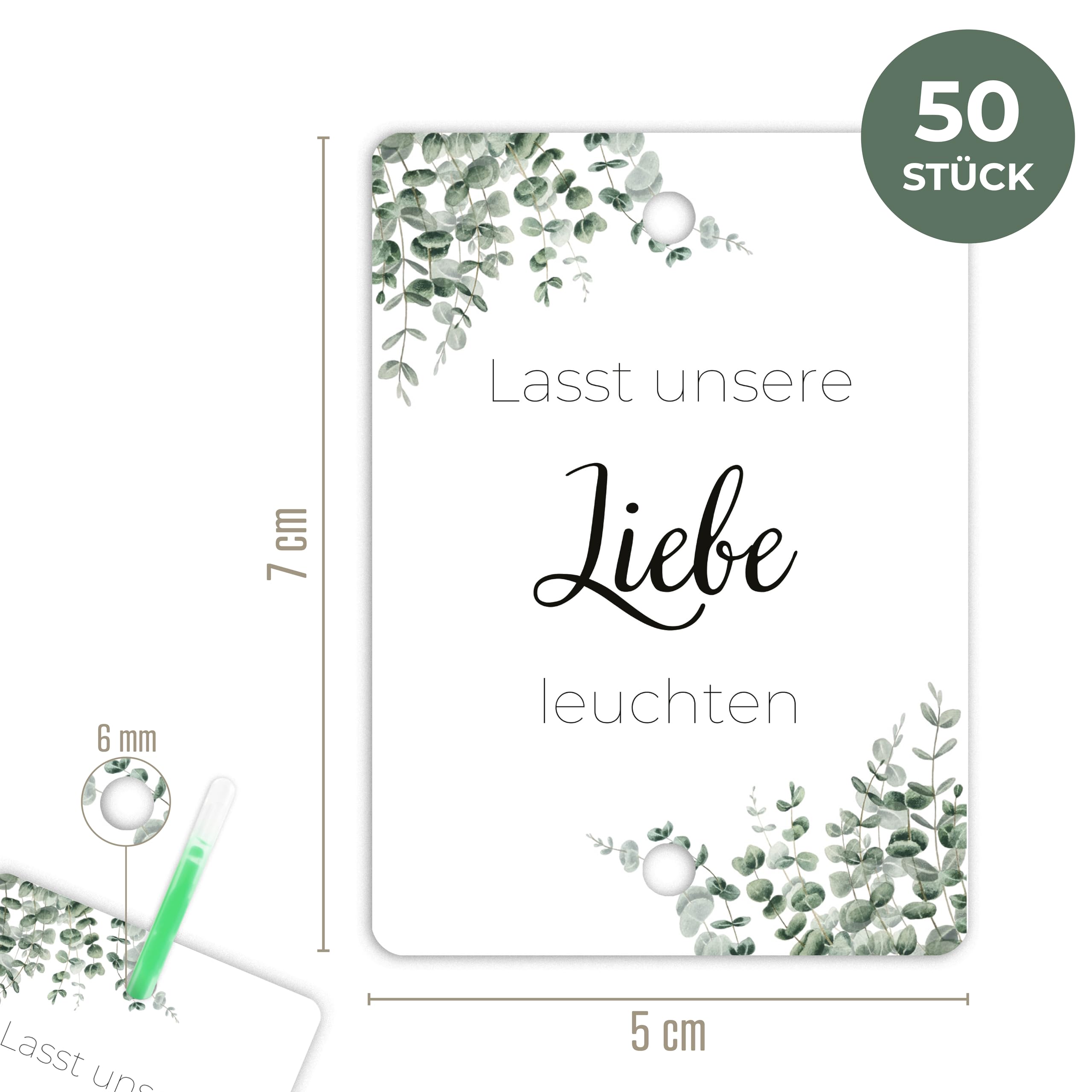50x Lasst unsere Liebe leuchten Wunderkerzen Hochzeit Etiketten - Schöne, doppelt gelochte Kärtchen für Wunderkerzen und Knicklichter (Eukalyptus, 5 x 7 cm)