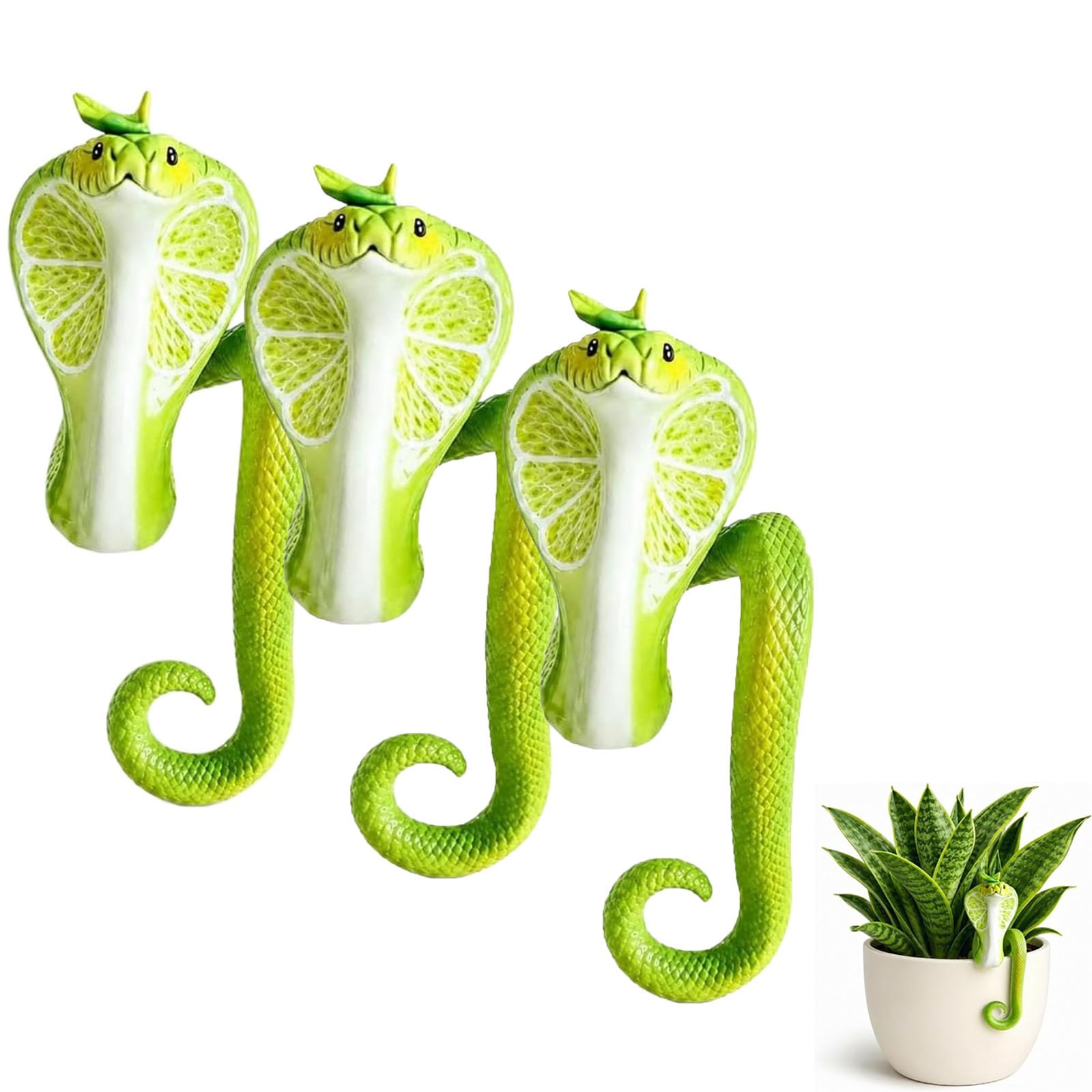 WEIWOGU Cobra Plant Pot Decor, Resin Snake Planter Hugger Figurine, Cute Green Leafy Planter Perch Ornament Art, Mini Pot Hanger Cobra Decor for Indoor Outdoor Balcony & Home Plant Lovers (3pcs)