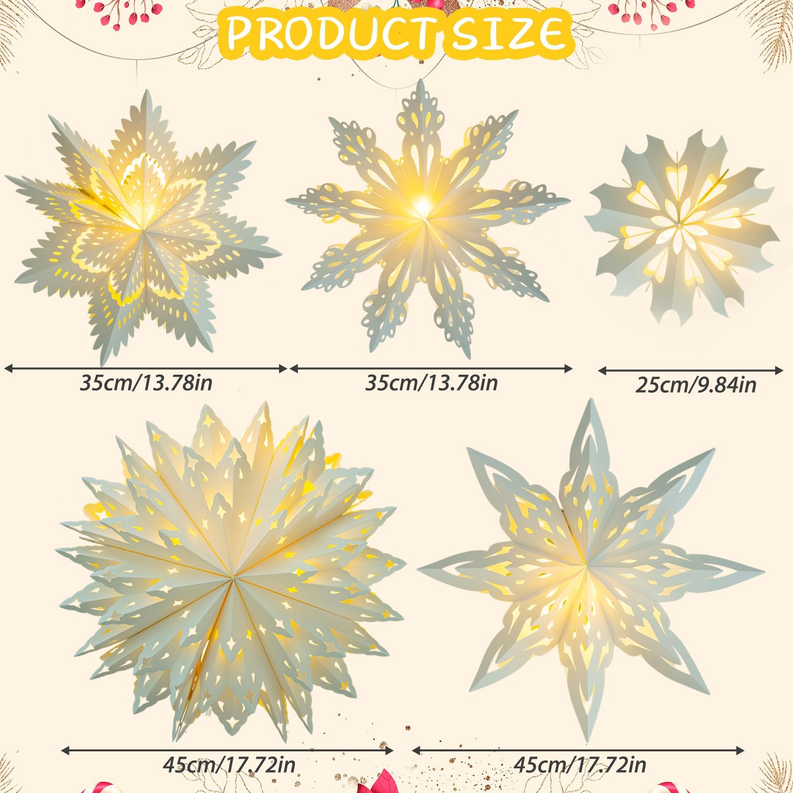 5 Stück Weihnachten Papier Schneeflocke Laternen Weihnachten Papier Stern Laterne mit LED Licht Weiß Hängelampe Ornamente für Weihnachtsbaum Neujahr Winter Frozen Hochzeiten Geburtstag Urlaub Party