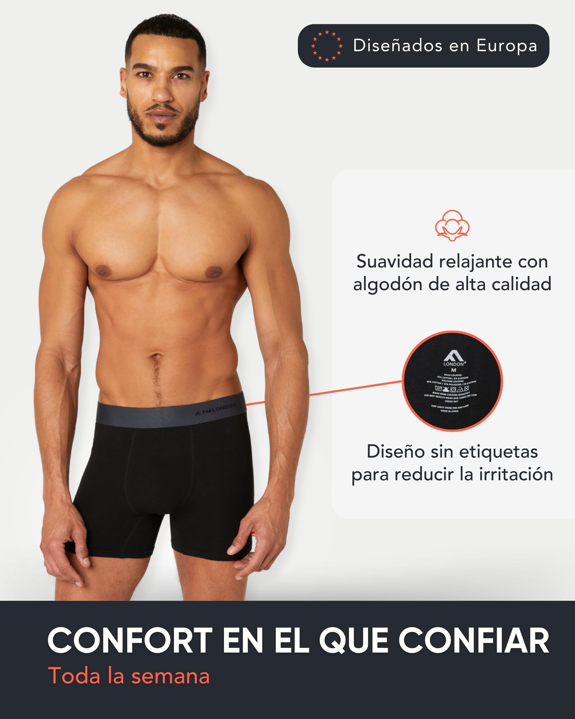 FM London Pack de 7 Calzoncillos para Hombre, Sin Etiquetas – Bóxer de Algodón, Transpirables, Suaves y Elásticos