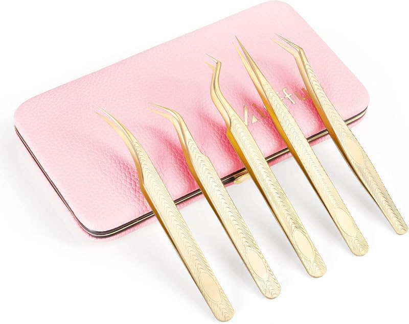 Kit Miuffue com 5 pinças para extensão de cílios em aço inoxidável