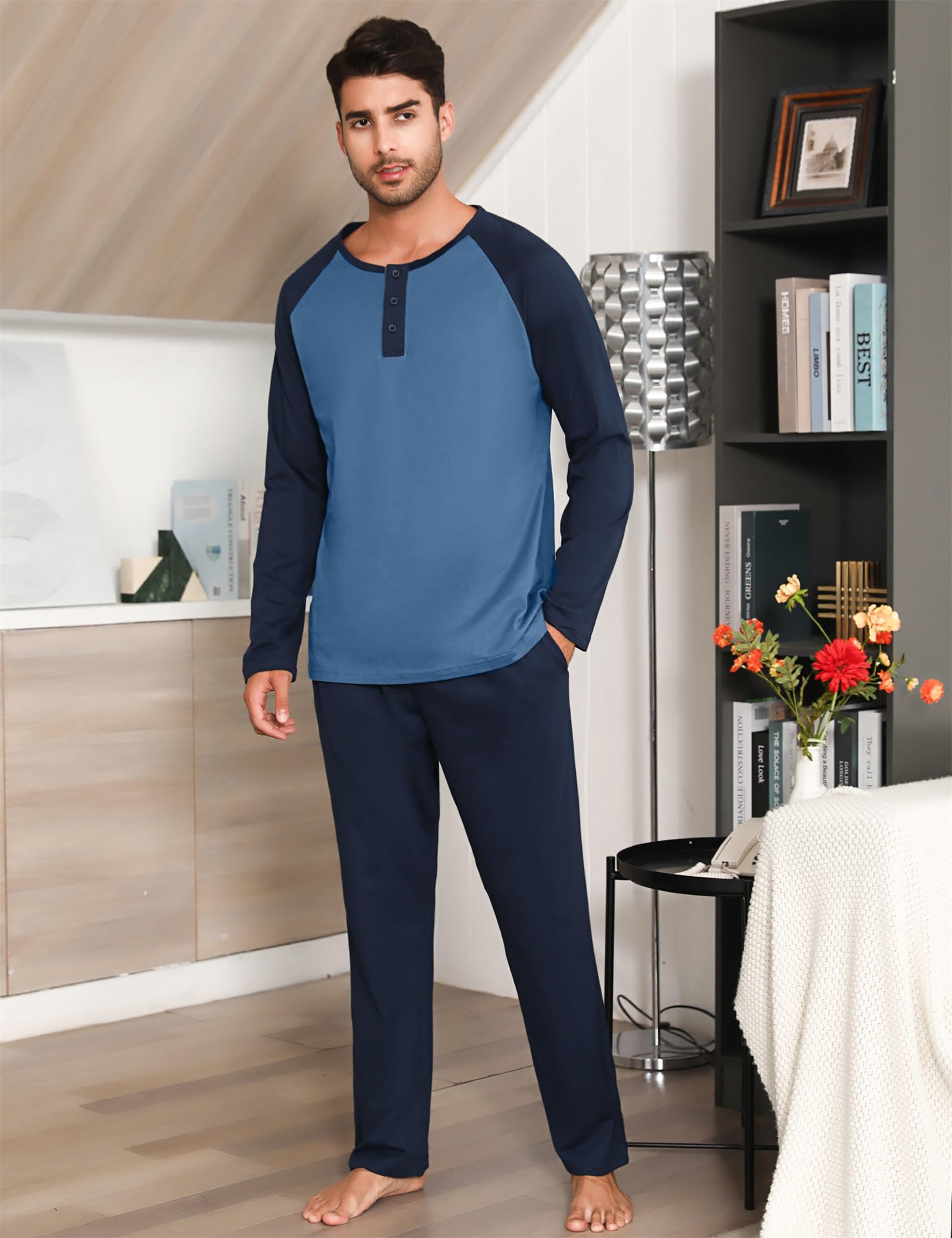 Migcaput Pigiama Cotone da Uomo Set Lungo Comodo Pigiami Due Pezzi da Uomo Pigiama Manica Lunga Pigiama con Tasche con Bottoni
