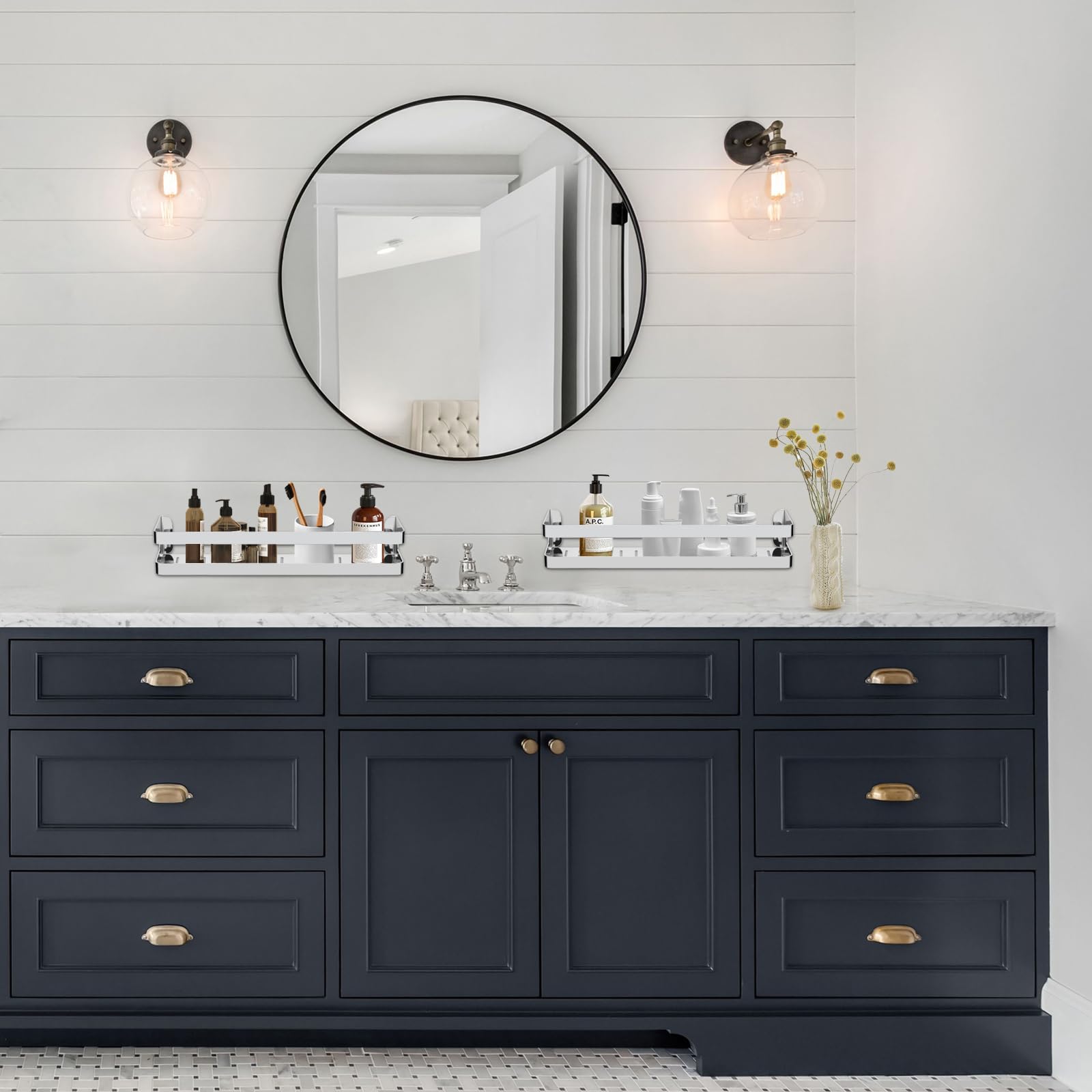 QL Mensola Doccia,Portaoggetti Doccia in Acciaio Inox SUS304,Mensole Bagno Design Minimalista,Cestino per Doccia 40CM,Cromo