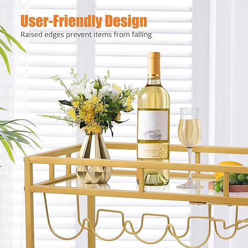 Miniatura 4 de Carrito de bar grande dorado, carrito de servicio de bar en casa, carrito de vino con 2 estantes espejados, soportes para vino, soportes de vidrio,