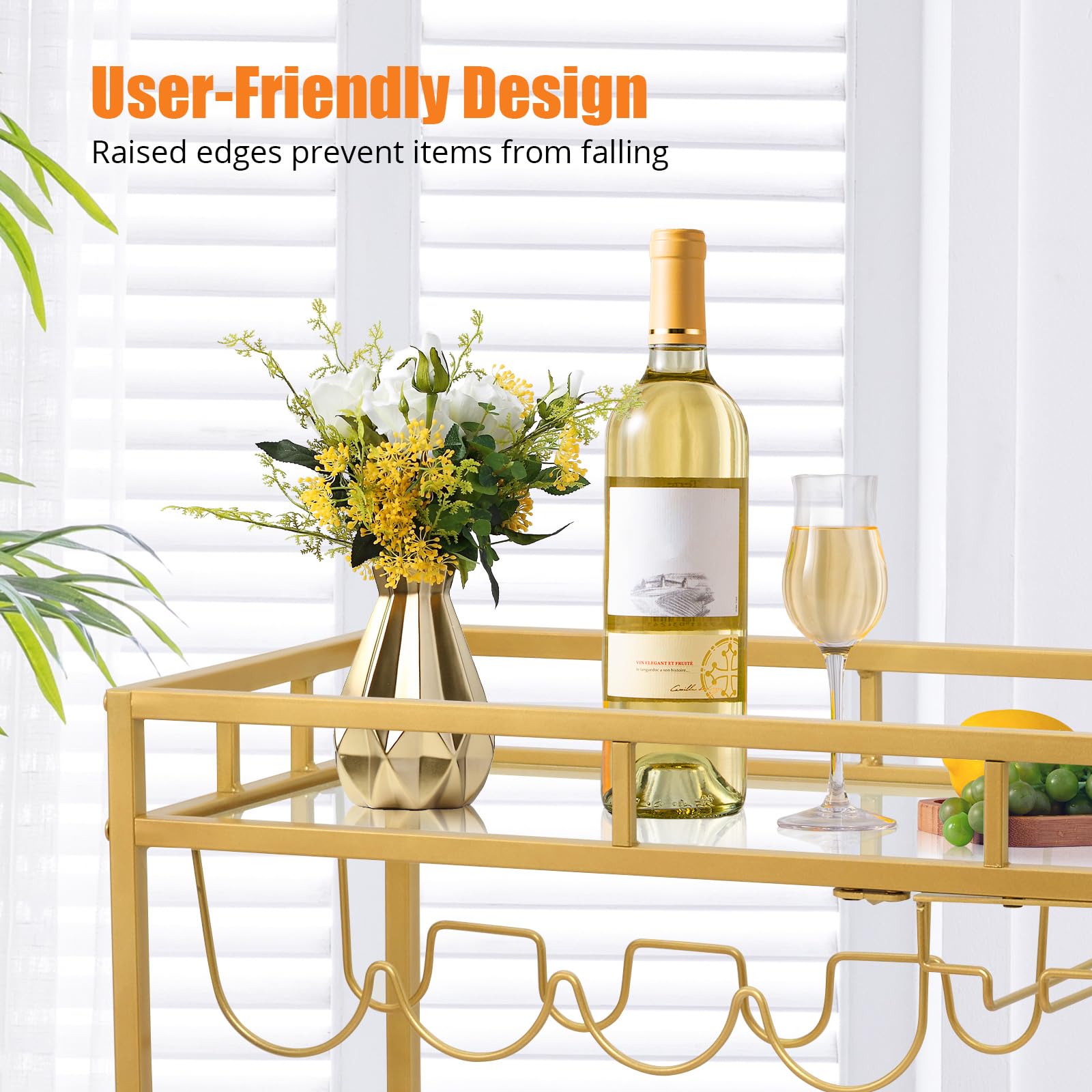 Großer Barwagen Gold, Home Bar Servierwagen, Weinwagen mit 2 Spiegelablagen, Weinhalter, Glashalter, für Küche, Esszimmer, Gold