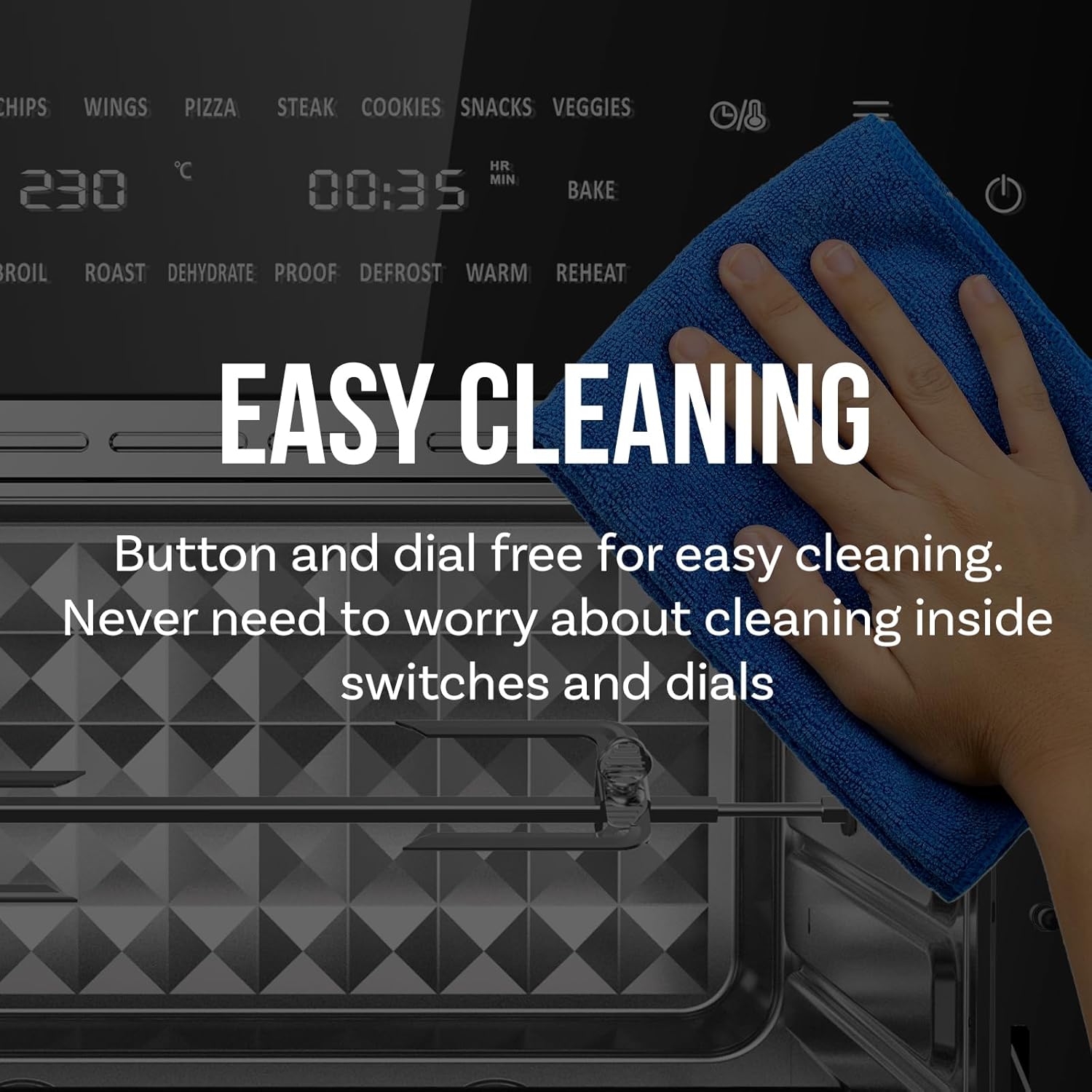 A hand wiping the control panel of the Kitchen Couture Air Fryer Oven with a blue microfiber cloth, illustrating easy cleaning.
