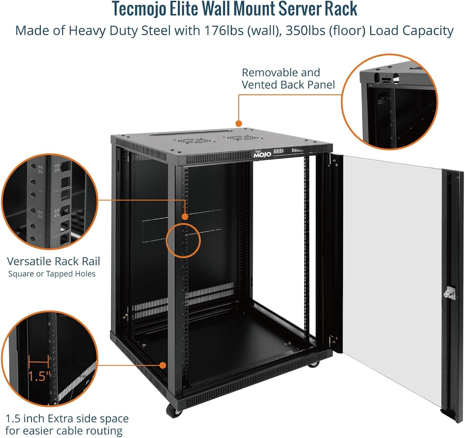 Internal view of the Tecmojo 18U server rack showing versatile rack rails, removable and vented back panel, and 1.5 inch extra side space for cable routing.