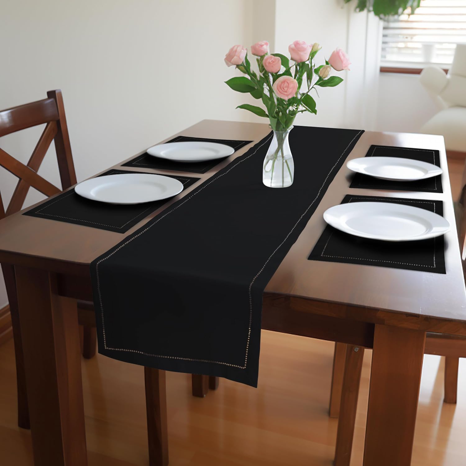 Encasa Homes Dining Set (4 Placemats + 1 Table Runner) | Black | Cotton Hemstitched | Decorative Cloth for Party, Home, Cafes, Restaurants & Hotels - Machine Washable