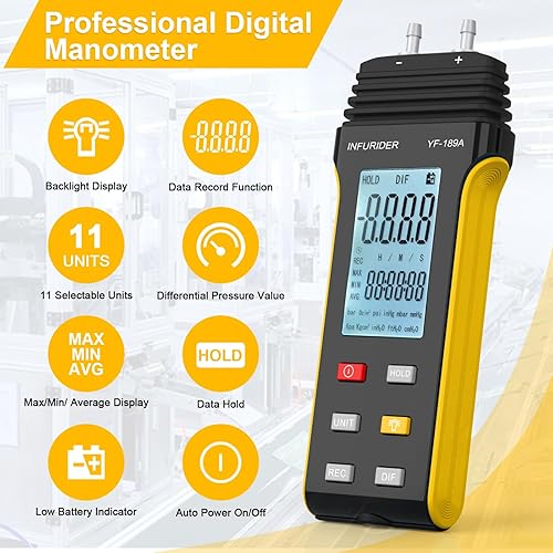 Miniatura 3 de INFURIDER Manómetro, probador digital de presión de gas HVAC, medidor de presión de aire profesional, medidor de presión de gas portátil, 11