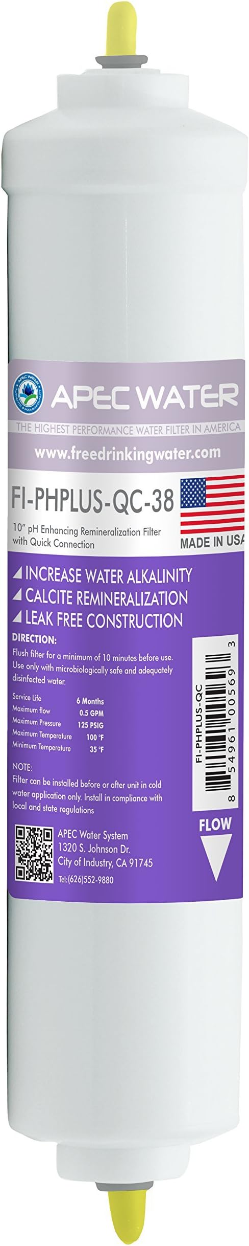 APEC Water Systems FI-PHPLUS-QC-38 US Made 10" Alkaline High Purity pH+ Calcium Carbonate Filter with 3/8" Quick Connect For Reverse Osmosis (For Upgraded 3/8" Output, Replacement Filter Only)