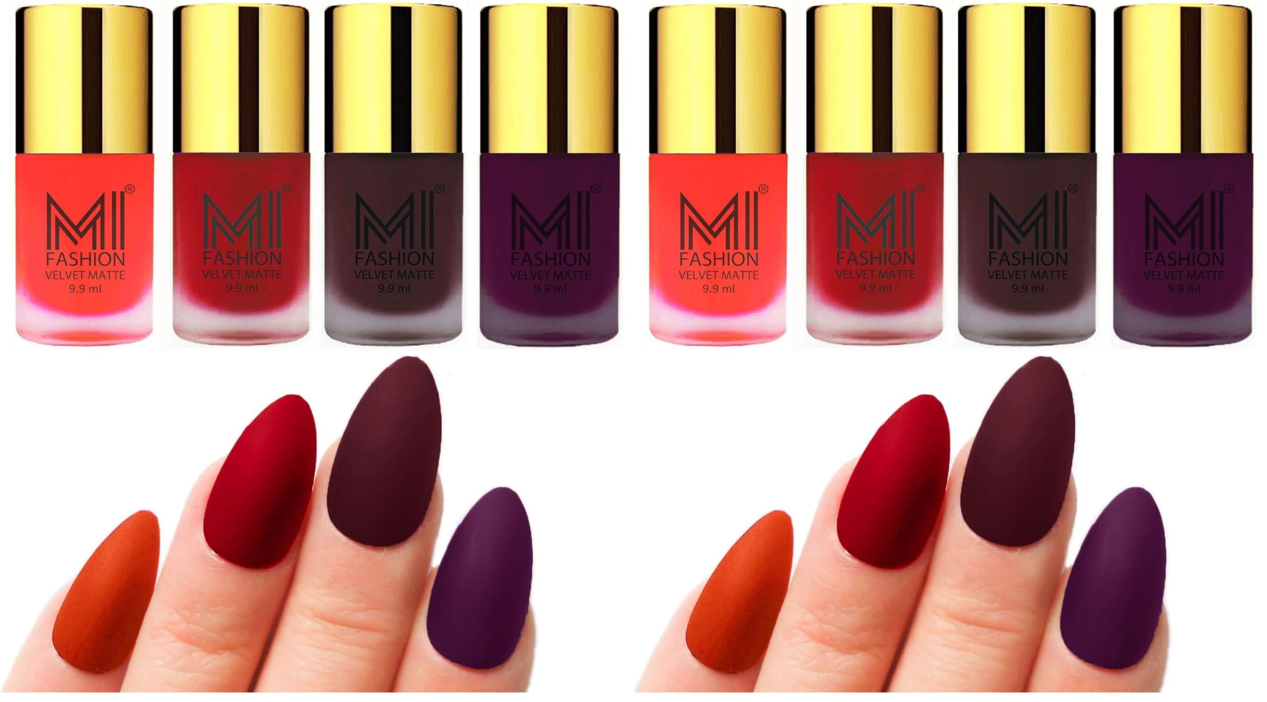 mi fashion highly pigmented velvet matte nail paint set effortless matte top colour 9.9mlorange, tomato red, wine, purple (pack of-4) (pack of 2)