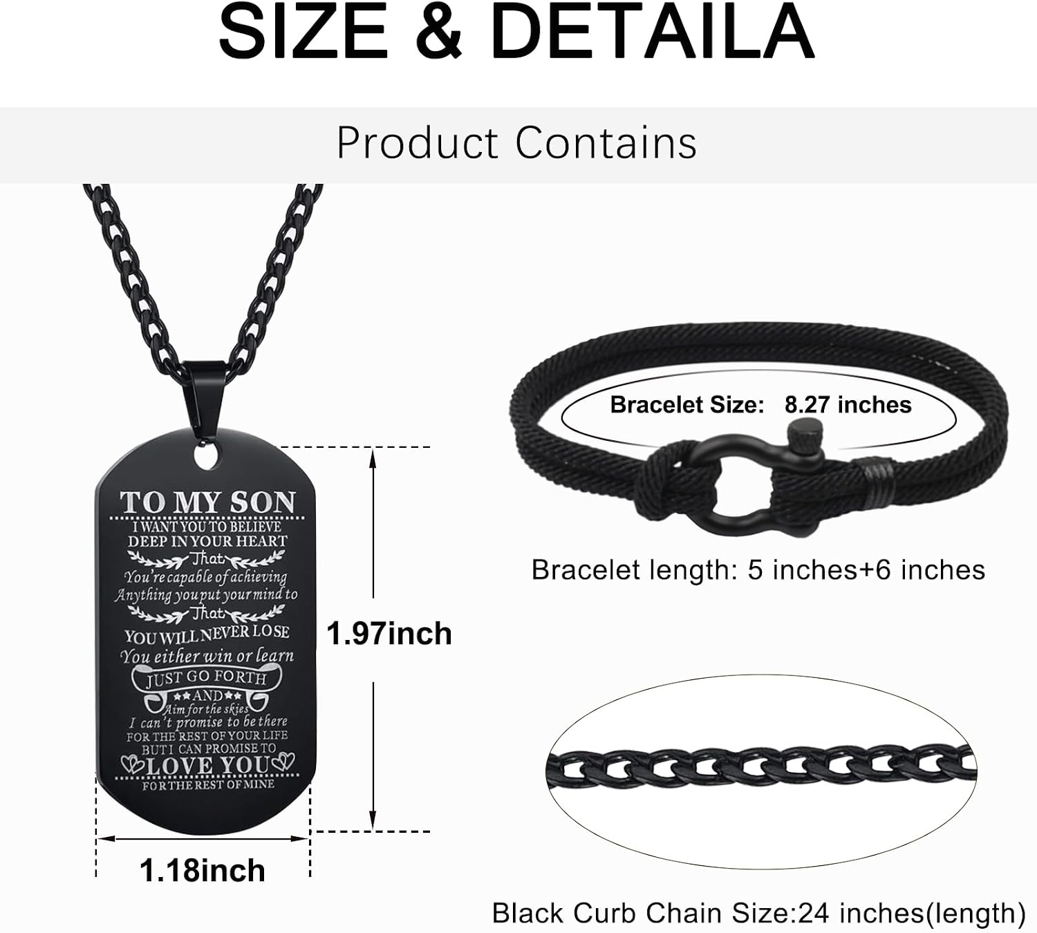 Butishop Son Gift Personalized Braided Bracelet from Mom and Dad with Dog Tag Necklace You Will Never Lose Birthday Graduation Valentines Gifts Black Stainless Steel