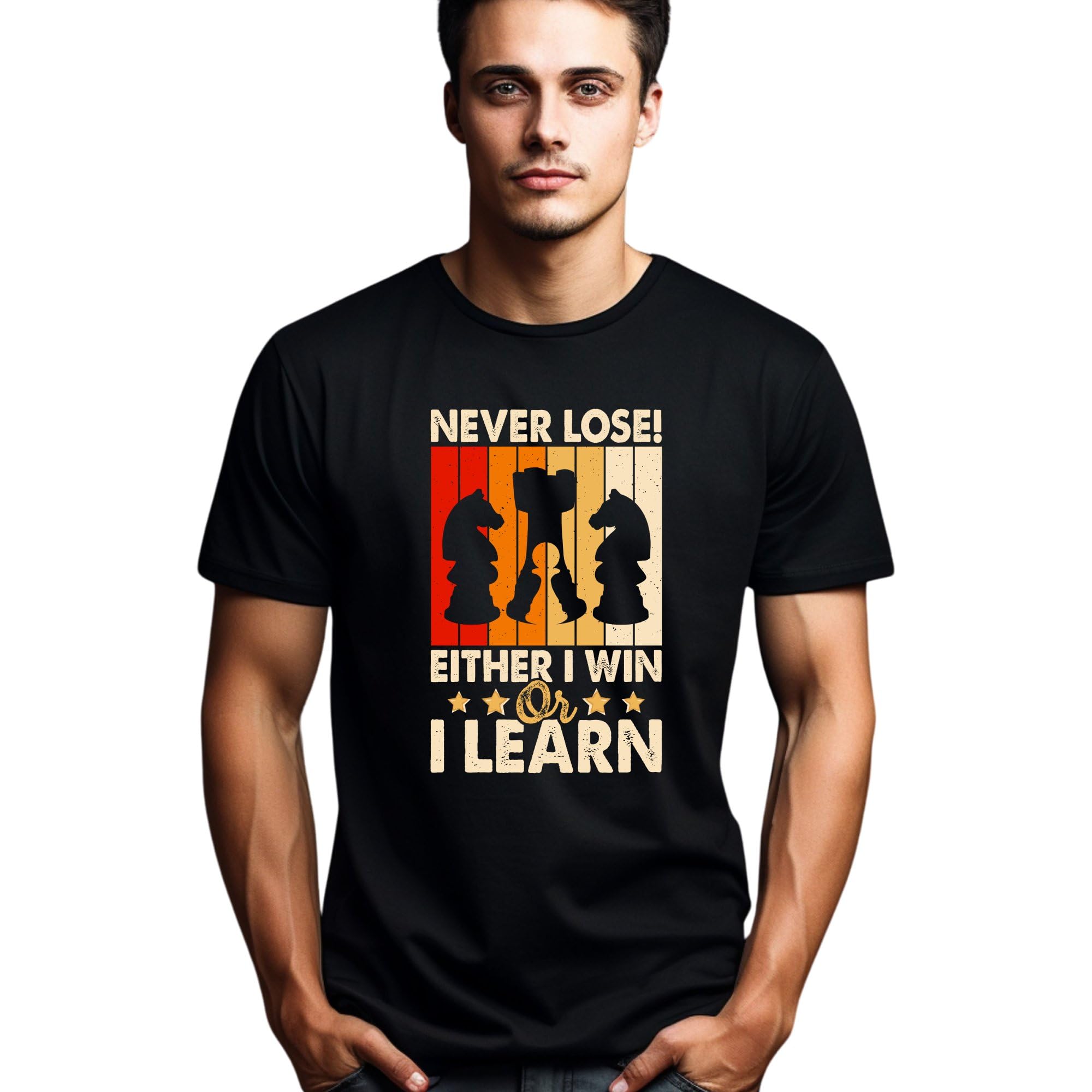 Chess Player Motivational Quote T-Shirt, Never Lose Either Win or Learn, Chess Lover Gift, Strategy Board Game Enthusiast Tee