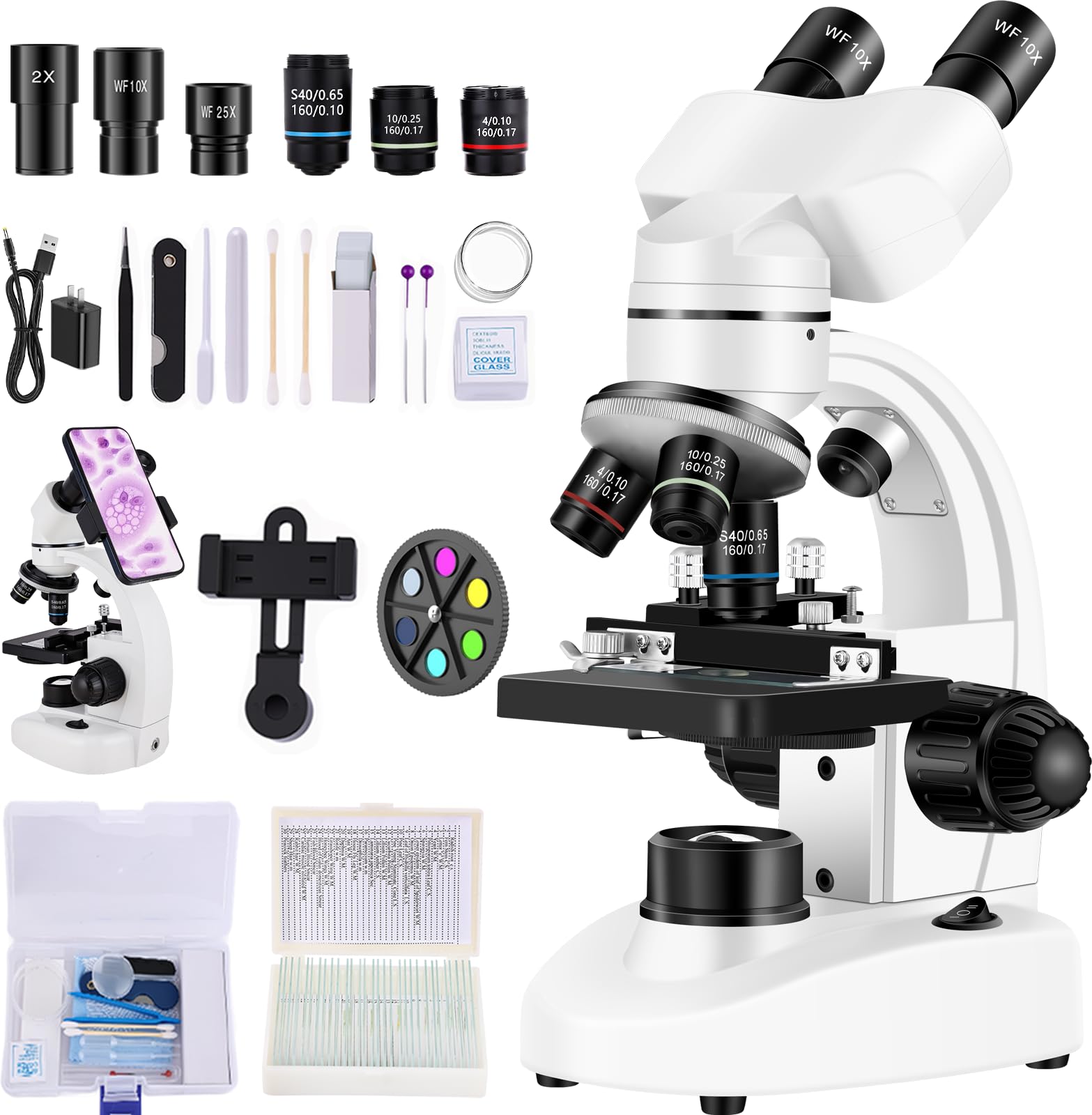 Binocular Microscope for Adults,with WF10x/25x Eyepieces,40X-2000X Magnification,Up/Down LED,with a Experiment Kit &amp; Phone Adapter.Suitable for Labs,Schools,and Home Education
