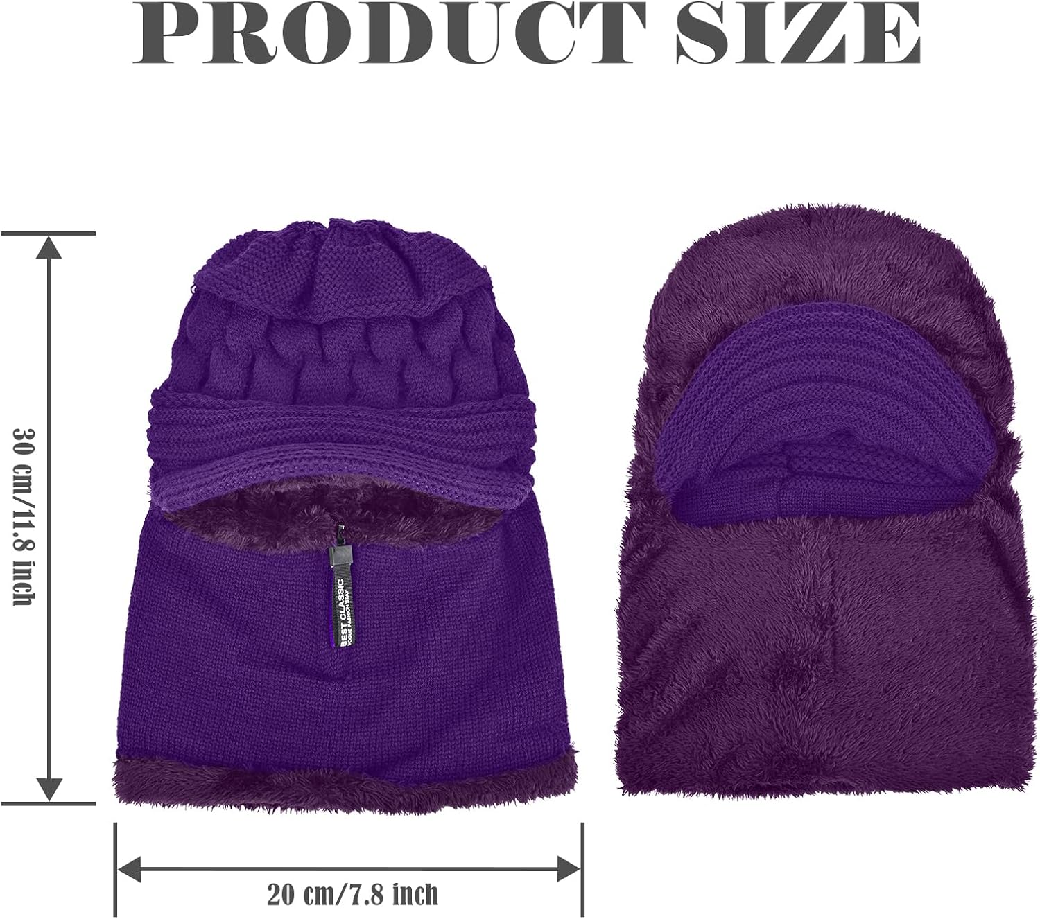 Fleece Lined Beanie Hat, Elastic Soft Ear Protection Knitted Mask Hat with Zipper, Face Neck Warmer Set for Women - Image 2