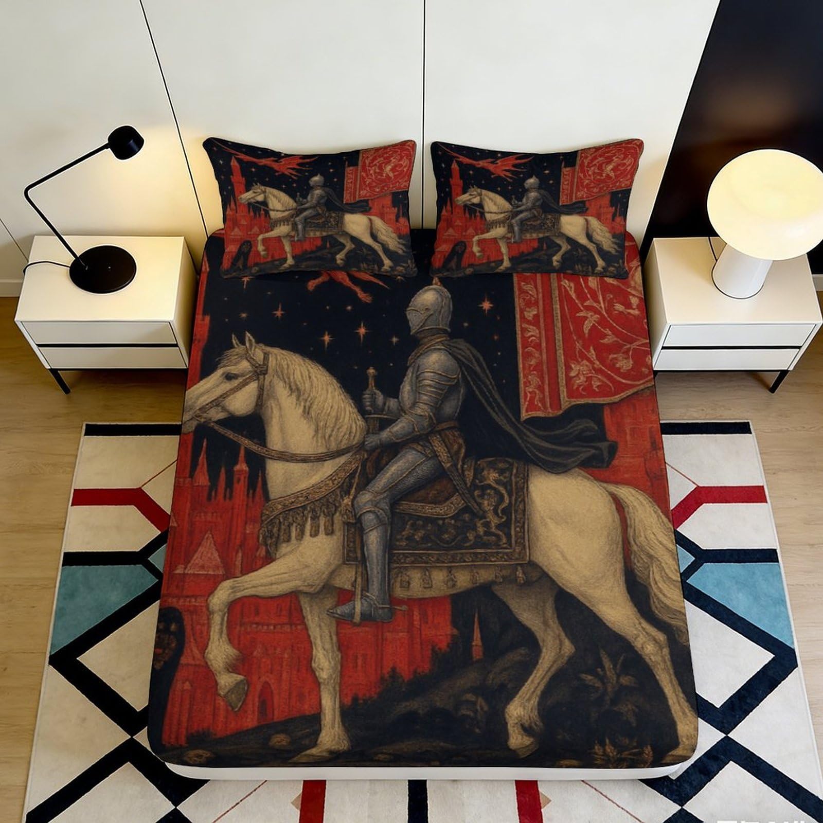 Uynsixtme Style-1 3D Printed Medieval Knight Fitted Sheet Microfiber Non-Slip Deep Pocket Knight Mattress Fitted Cover Breathable For Bedroom Bedding 200X200x25cm
