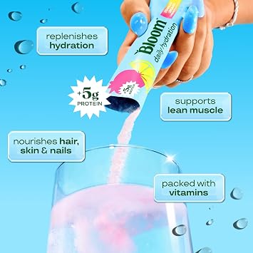 Bloom Daily Hydration Electrolyte Powder Packets with Collagen, 5g Protein, Electrolytes, Vitamins & Minerals, Sugar Free Drink Mix, Strawberry Lemonade, 5 Count