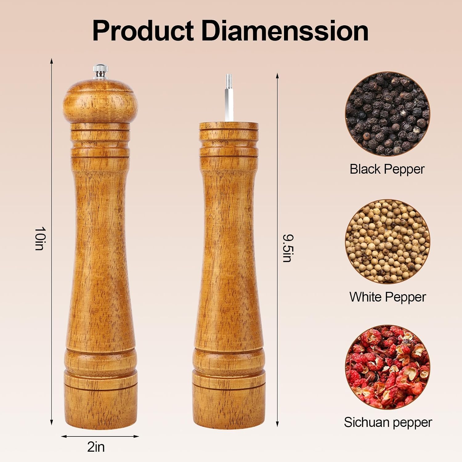 10 inch Wood Pepper Grinder Pepper Mill,Adjustable Coarseness Wooden Peppermill, Retro Style Ceramic Grinding Mechanism Salt Mill Refillable