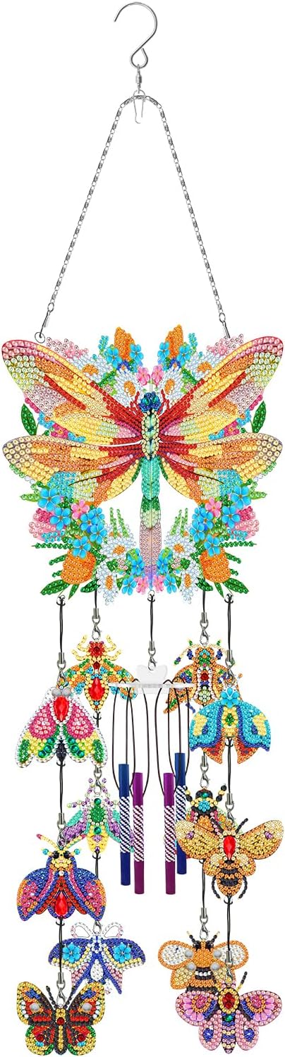 DIY 5D Diamond Painting Wind Chimes Kits for Adults Double Sided Dragonfly Diamond Art and 12Pcs Butterfly Hanging Ornaments Windchimes Pendant for Home Indoor Outdoor Window Wall Decor